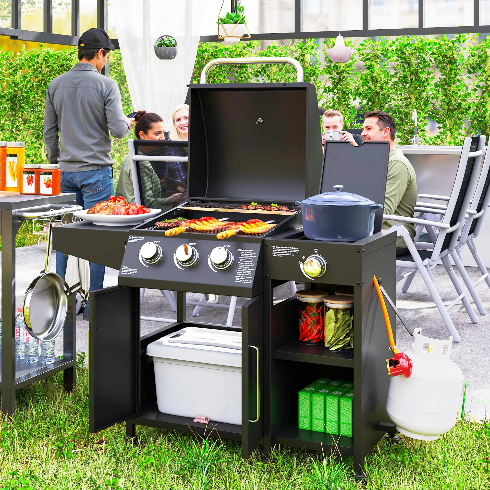 Outsunny 9.5 kW Gas Barbecue with 3+1 Burner, Storage Cabinet and Shelves - Image 2
