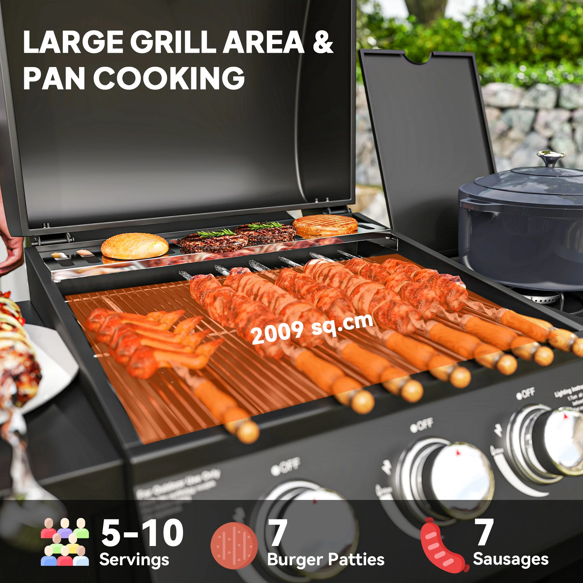 Outsunny 9.5 kW Gas Barbecue with 3+1 Burner, Storage Cabinet and Shelves - Image 3