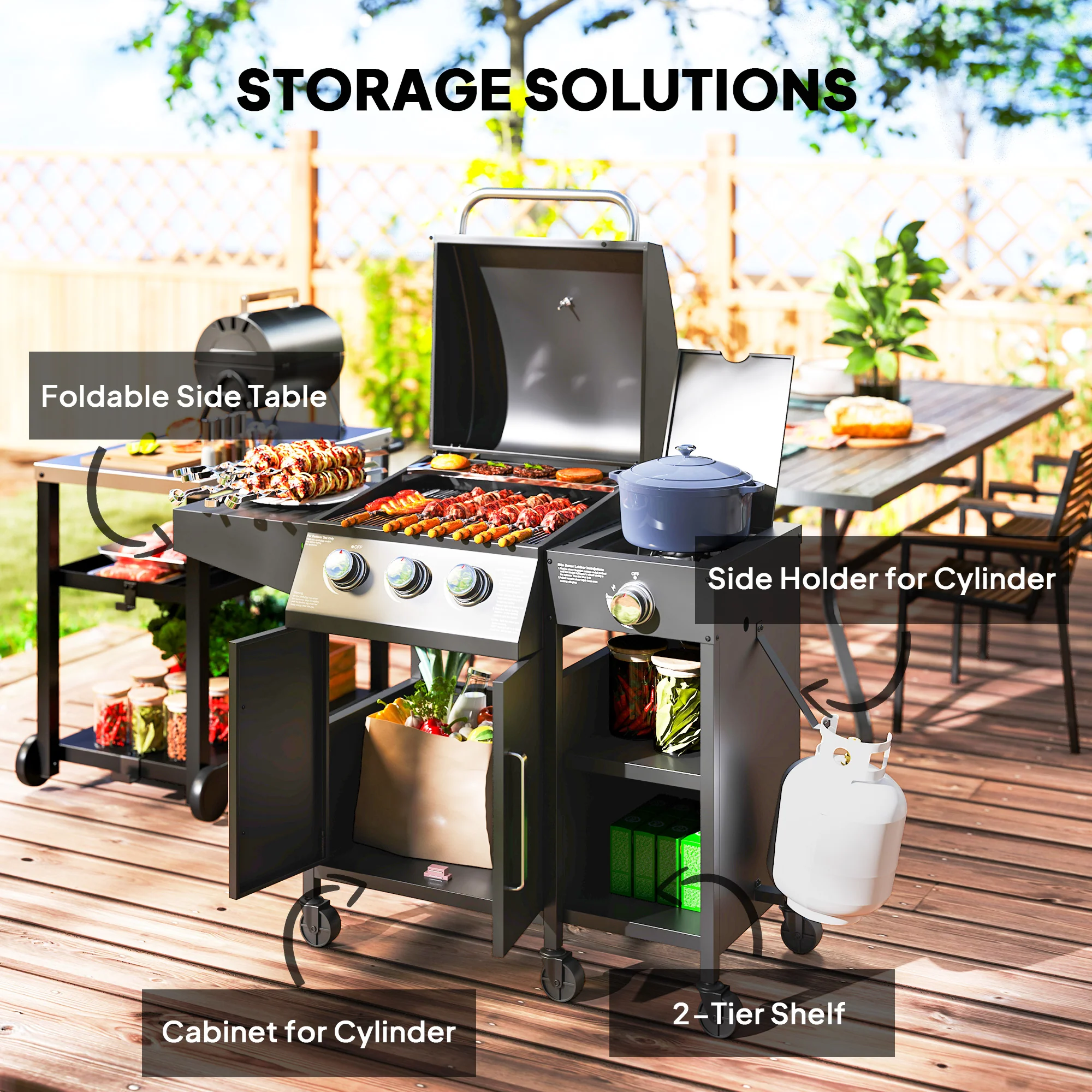 Outsunny 9.5 kW Gas Barbecue with 3+1 Burner, Storage Cabinet and Shelves - Image 4