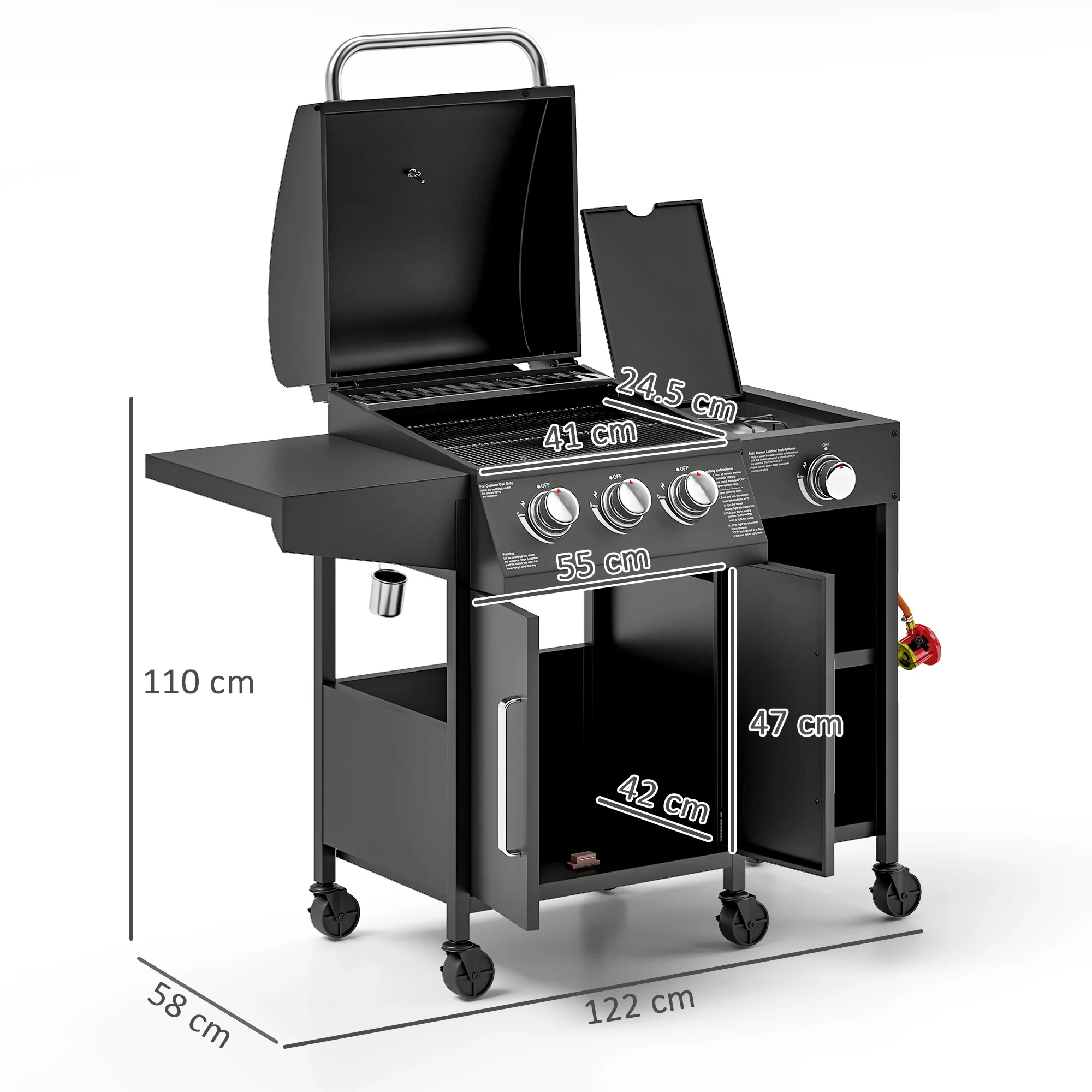 Outsunny 9.5 kW Gas Barbecue with 3+1 Burner, Storage Cabinet and Shelves - Image 5