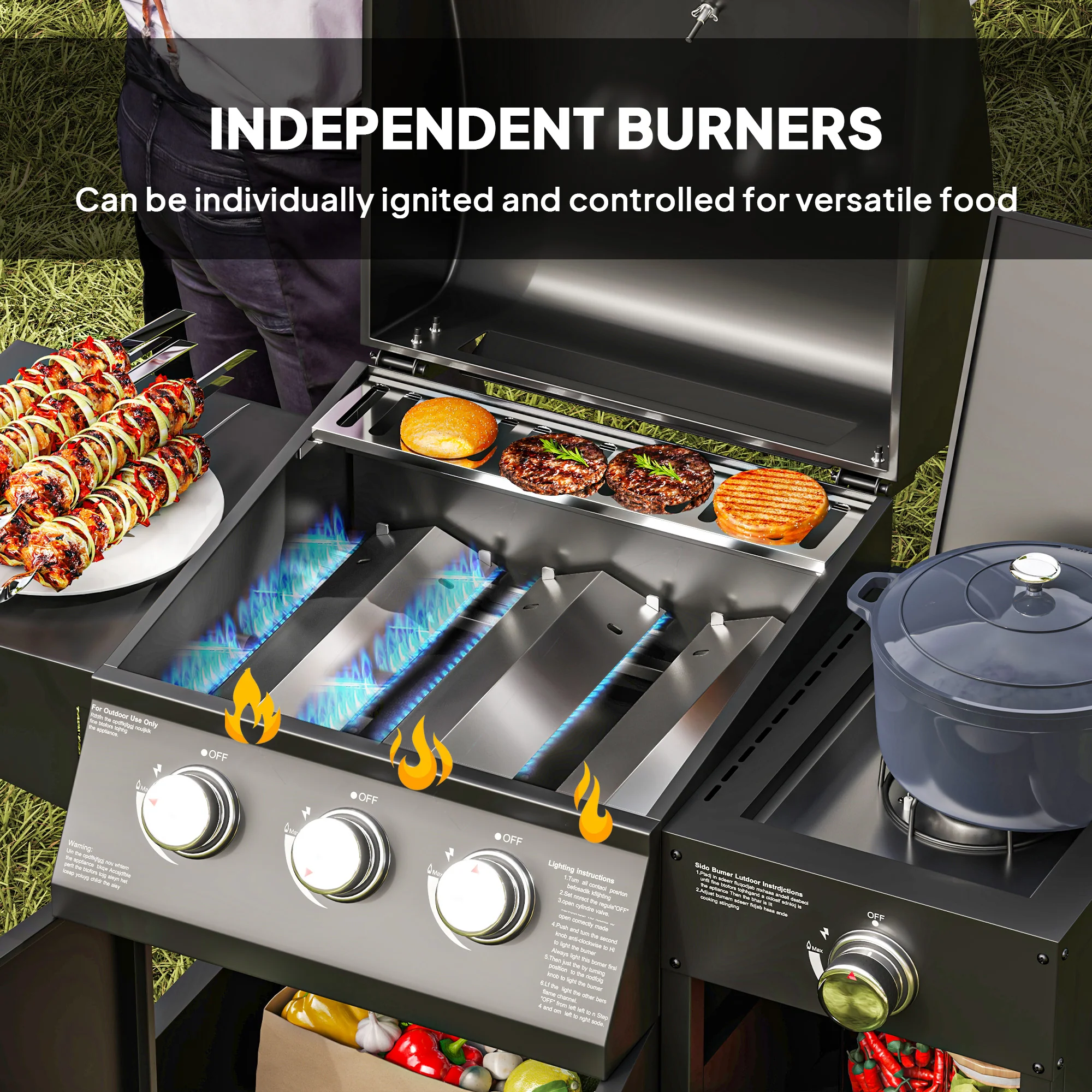 Outsunny 9.5 kW Gas Barbecue with 3+1 Burner, Storage Cabinet and Shelves - Image 6