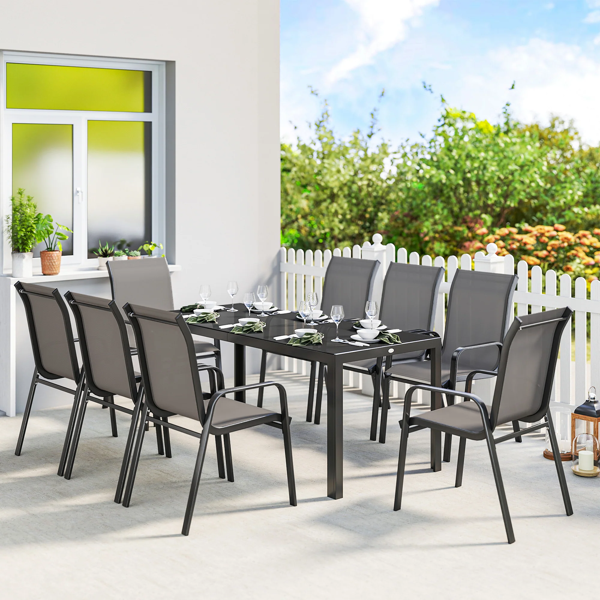 Outsunny 9 Pieces Patio Dining Set With Stackable Chairs, Dark Grey - Image 2