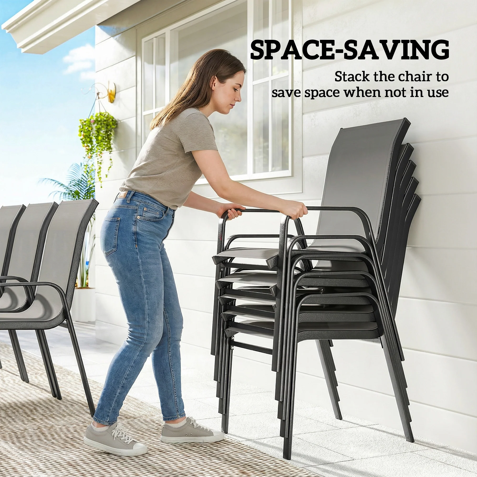 Outsunny 9 Pieces Patio Dining Set With Stackable Chairs, Dark Grey - Image 4