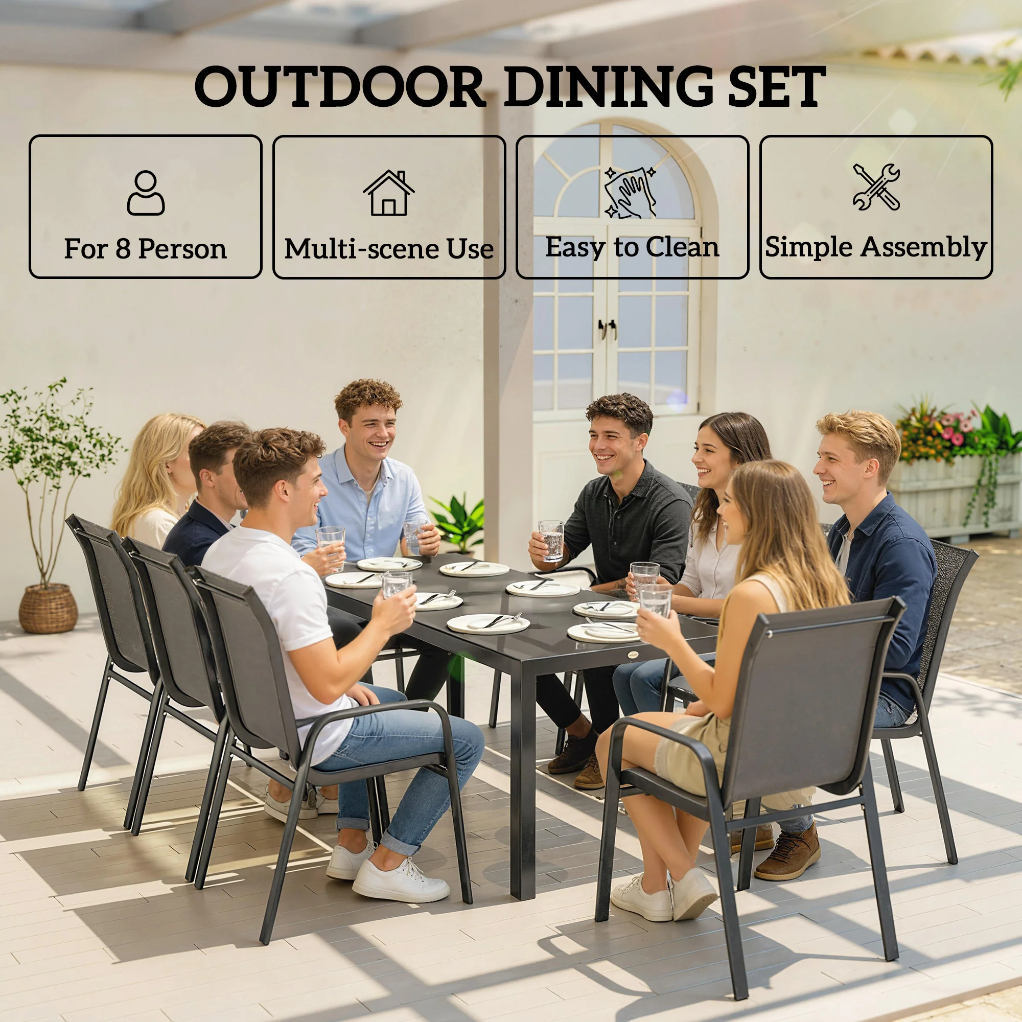 Outsunny 9 Pieces Patio Dining Set With Stackable Chairs, Dark Grey - Image 6