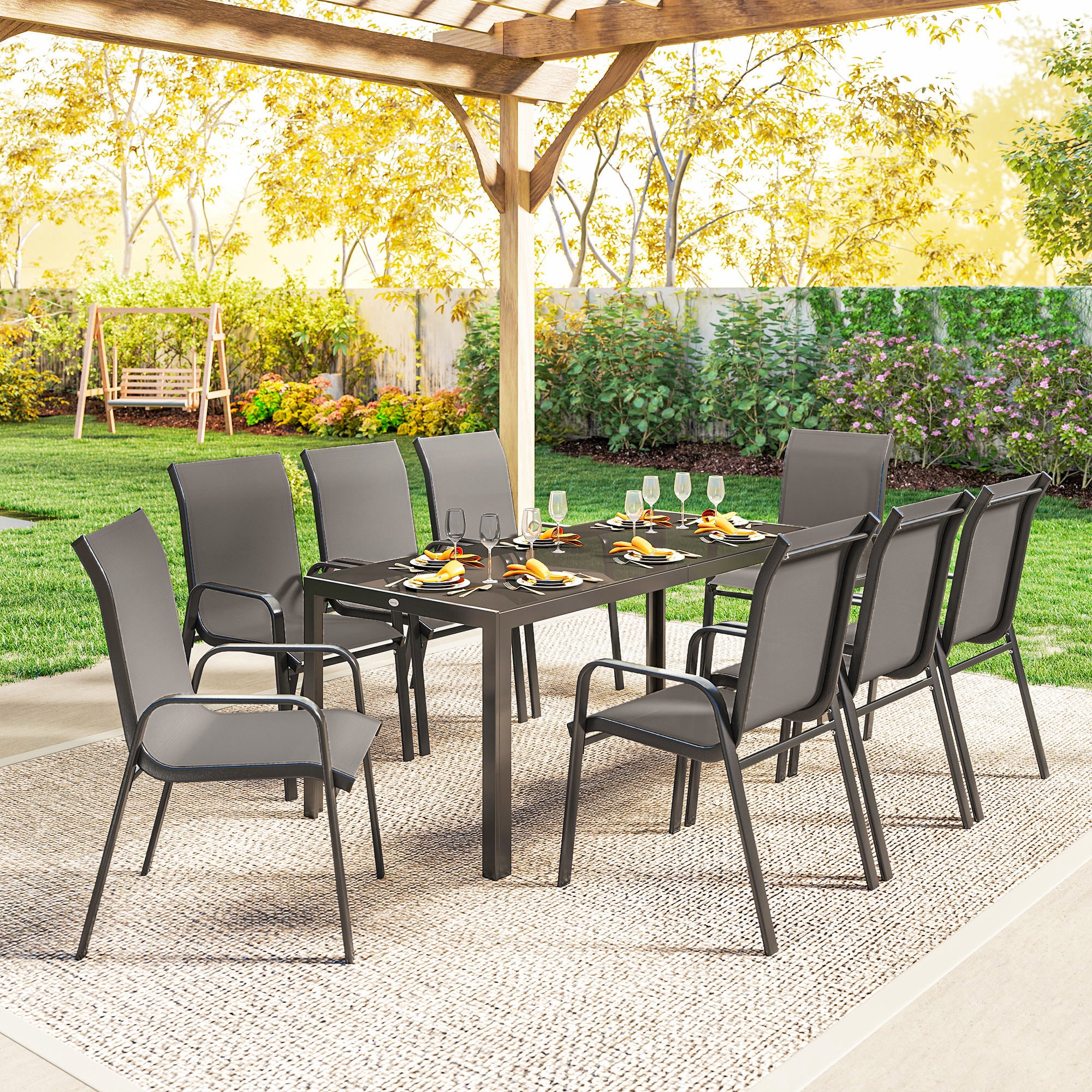 Outsunny 9 Pieces Patio Dining Set With Stackable Chairs, Dark Grey - Image 7
