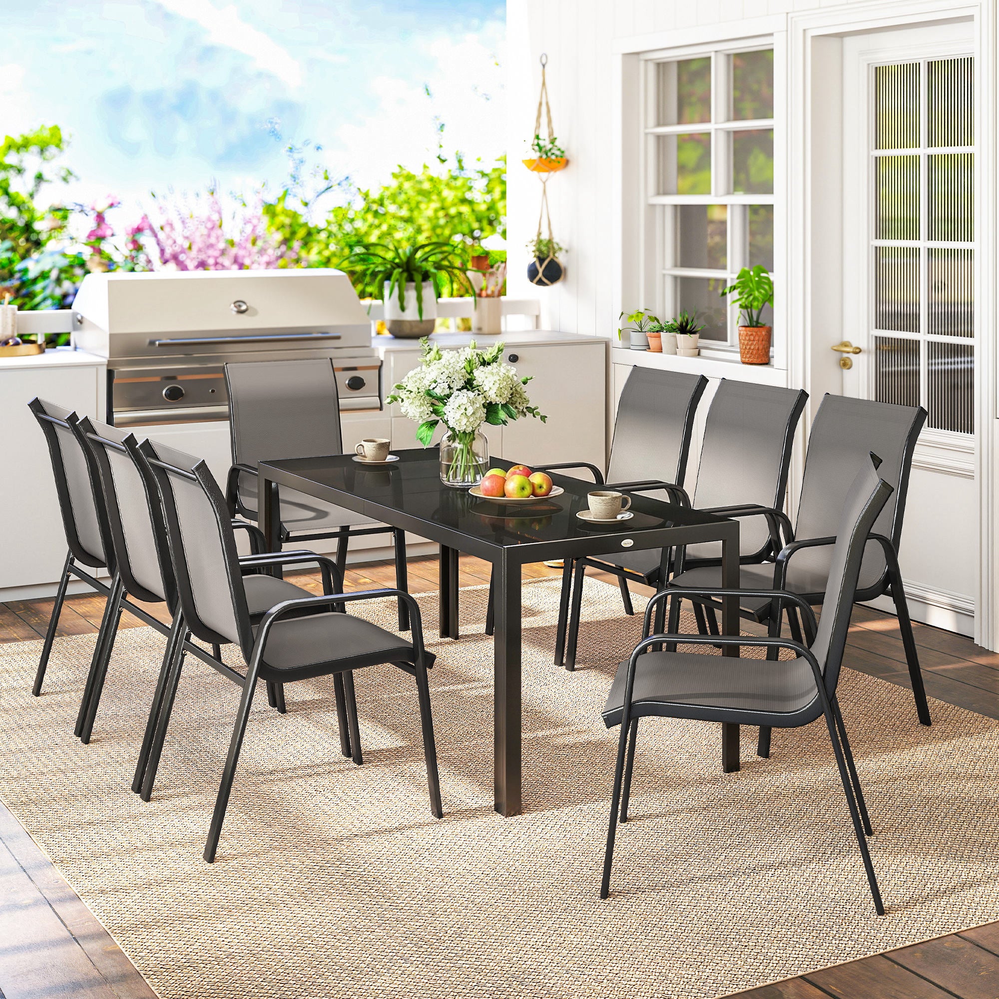 Outsunny 9 Pieces Patio Dining Set With Stackable Chairs, Dark Grey - Image 8