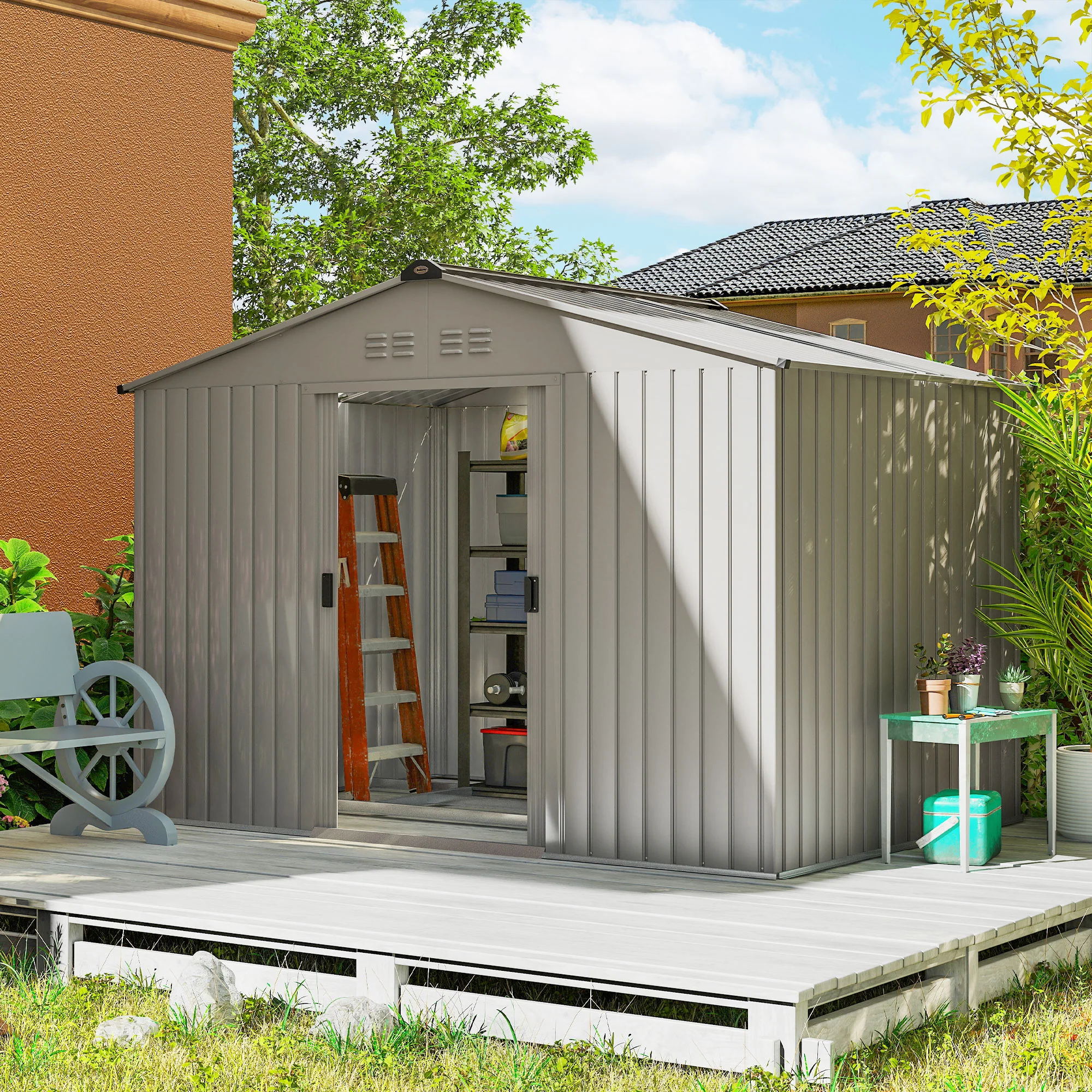 Outsunny 9 X 6FT Galvanised Garden Storage Shed With Sliding Door, Grey - Image 2