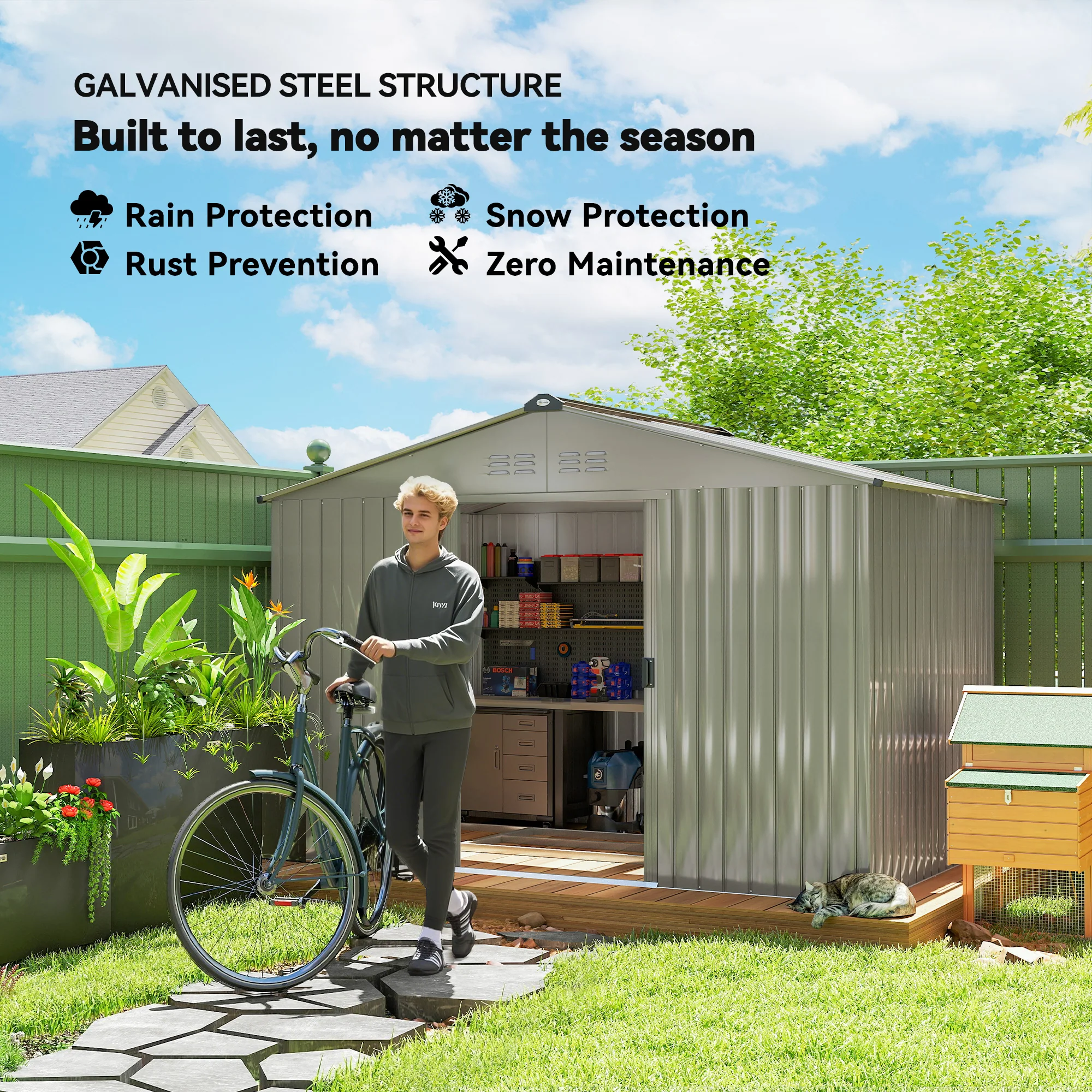 Outsunny 9 X 6FT Galvanised Garden Storage Shed With Sliding Door, Grey - Image 4