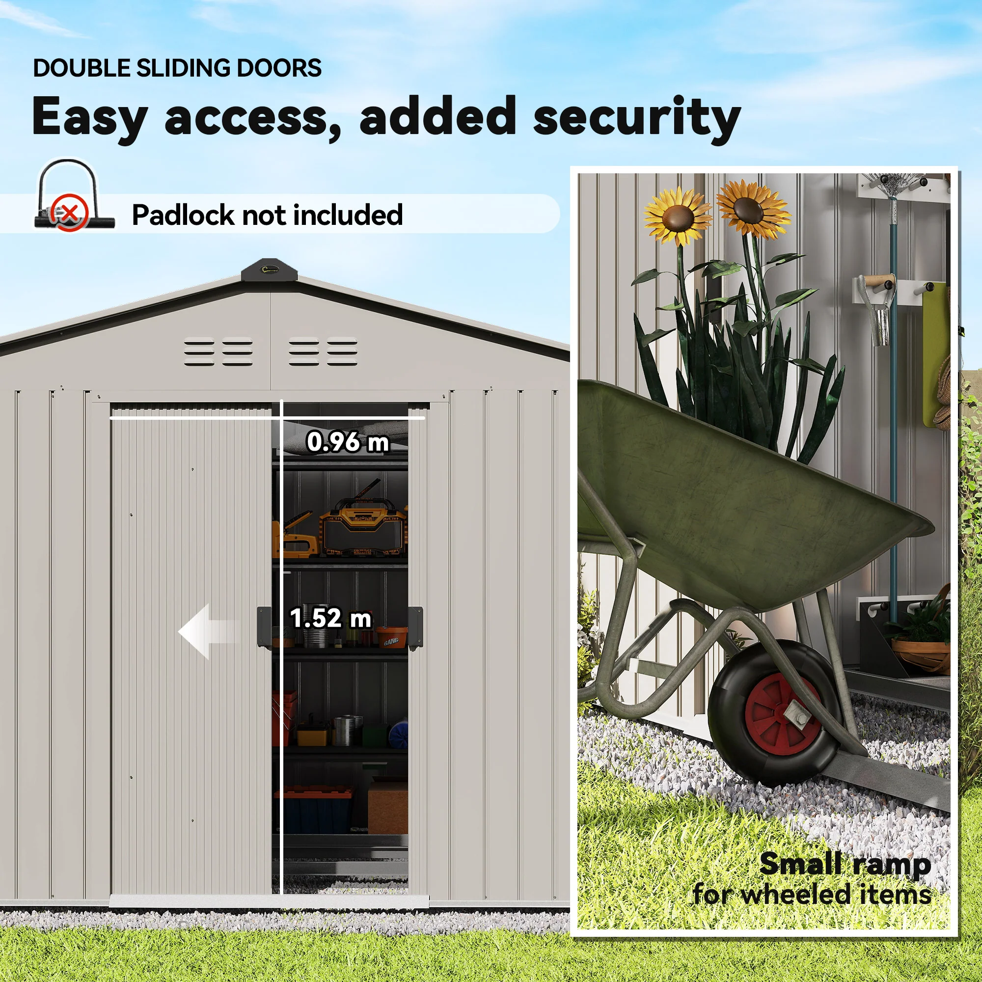 Outsunny 9 X 6FT Galvanised Garden Storage Shed With Sliding Door, Grey - Image 6