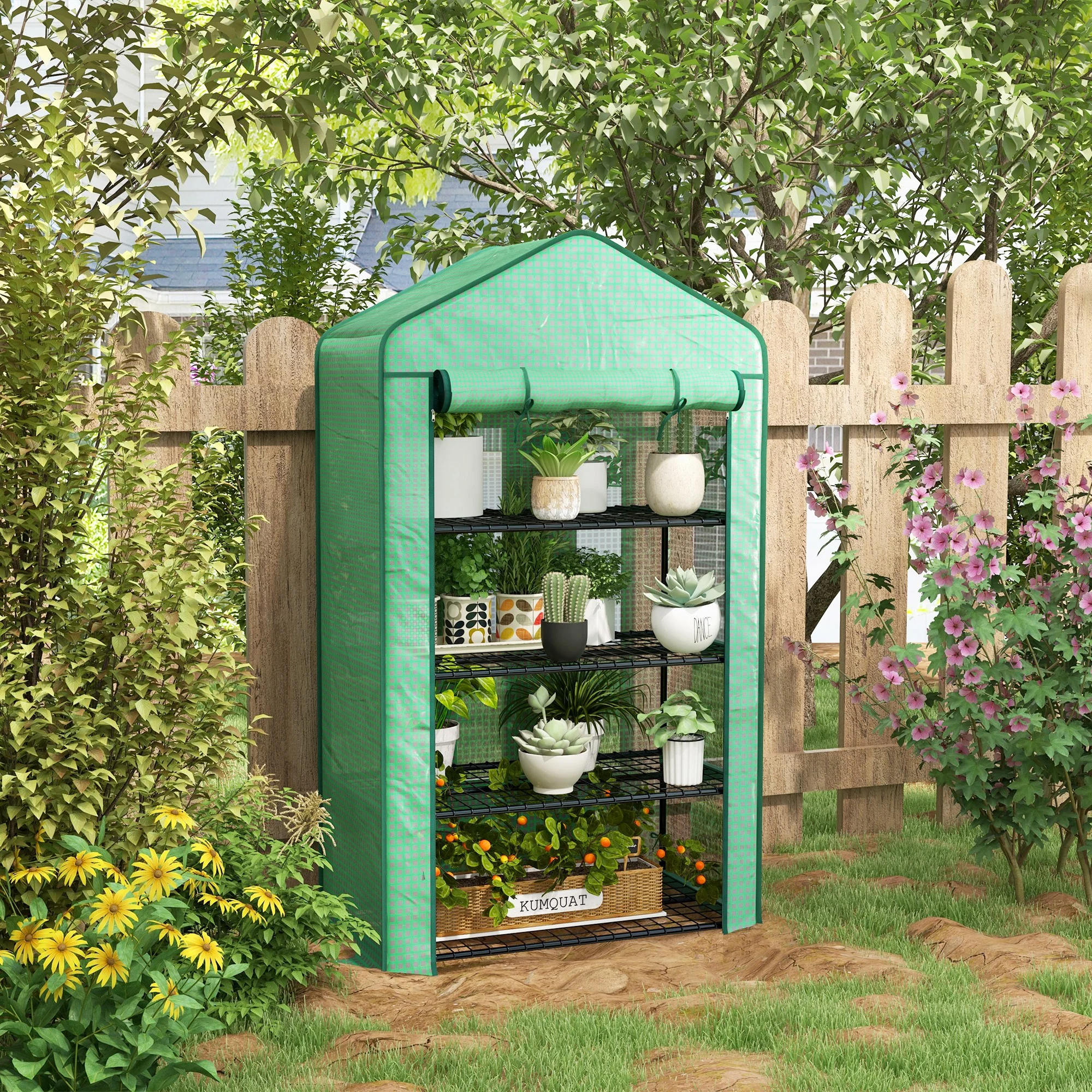Outsunny 90 x 49 x 160cm Portable Mini Greenhouse with Shelves, Green - Image 2