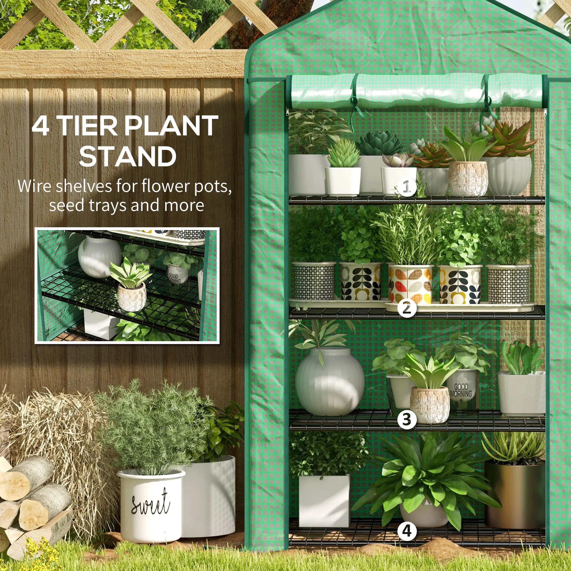 Outsunny 90 x 49 x 160cm Portable Mini Greenhouse with Shelves, Green - Image 4