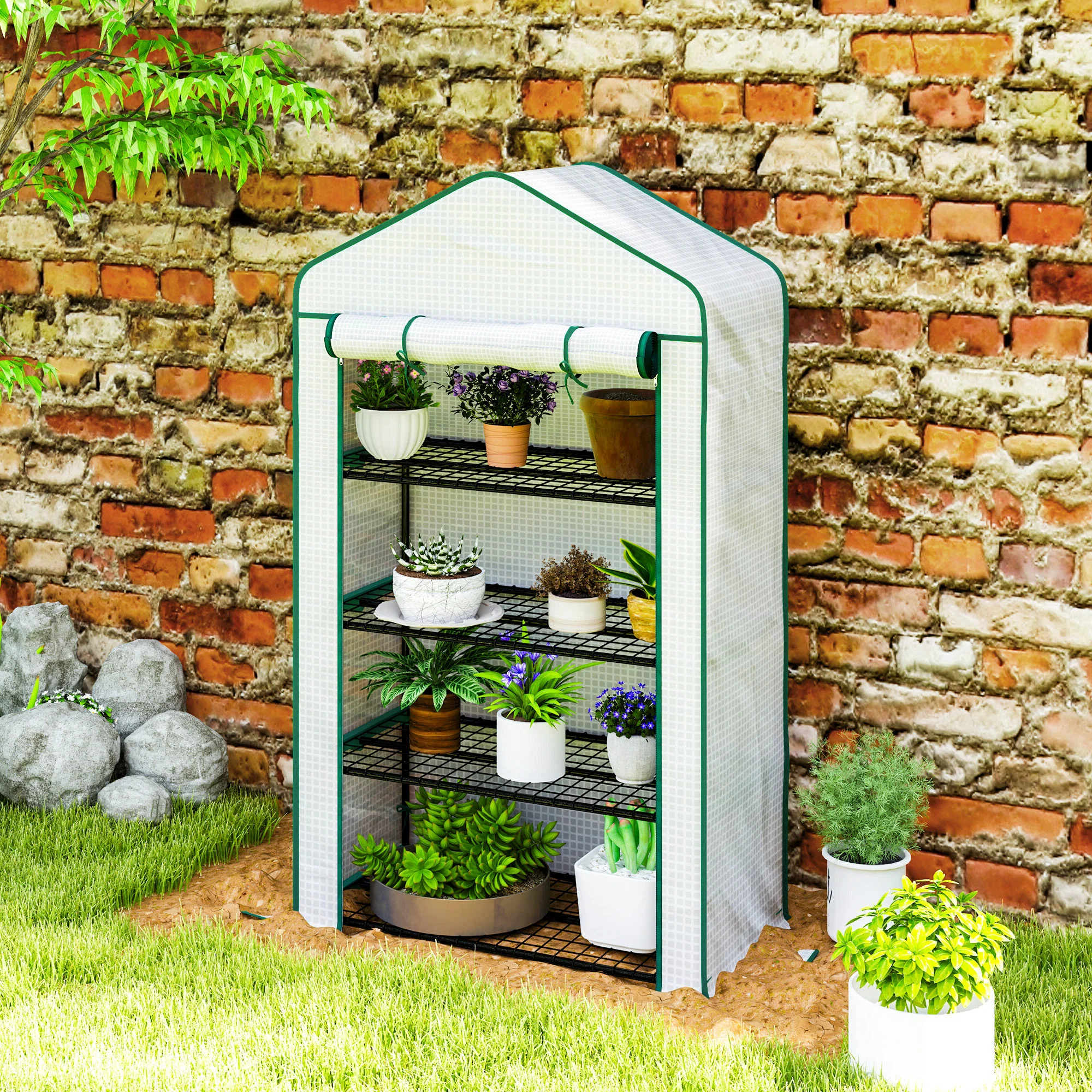 Outsunny 90 x 49 x 160cm Portable Mini Greenhouse with Shelves, White - Image 8