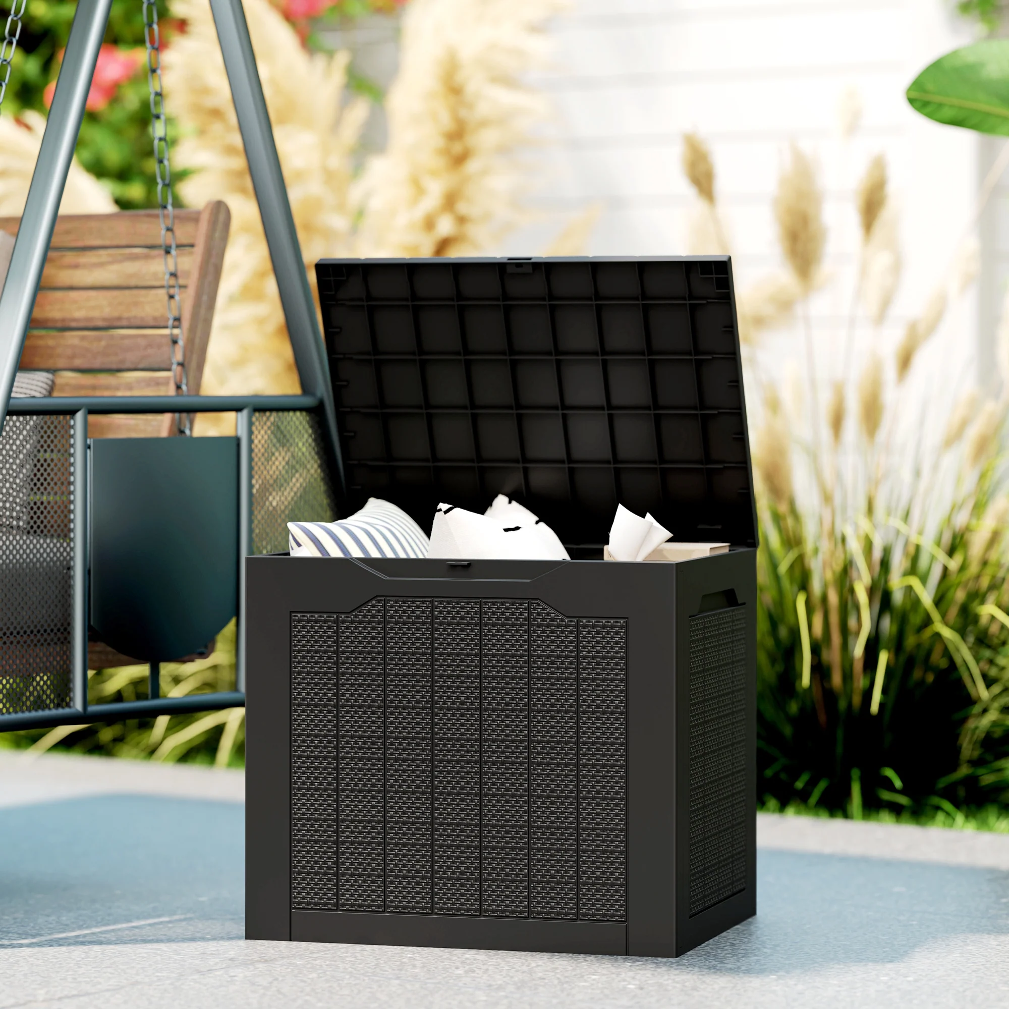 Outsunny 93L Plastic Garden Storage Box, Storage Container w/ Handles, Black - Image 2