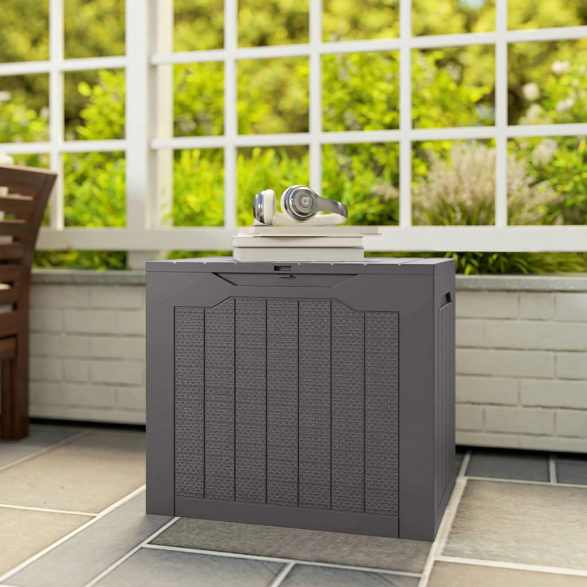 Outsunny 93L Plastic Garden Storage Box, Storage Container w/ Handles, Brown - Image 9