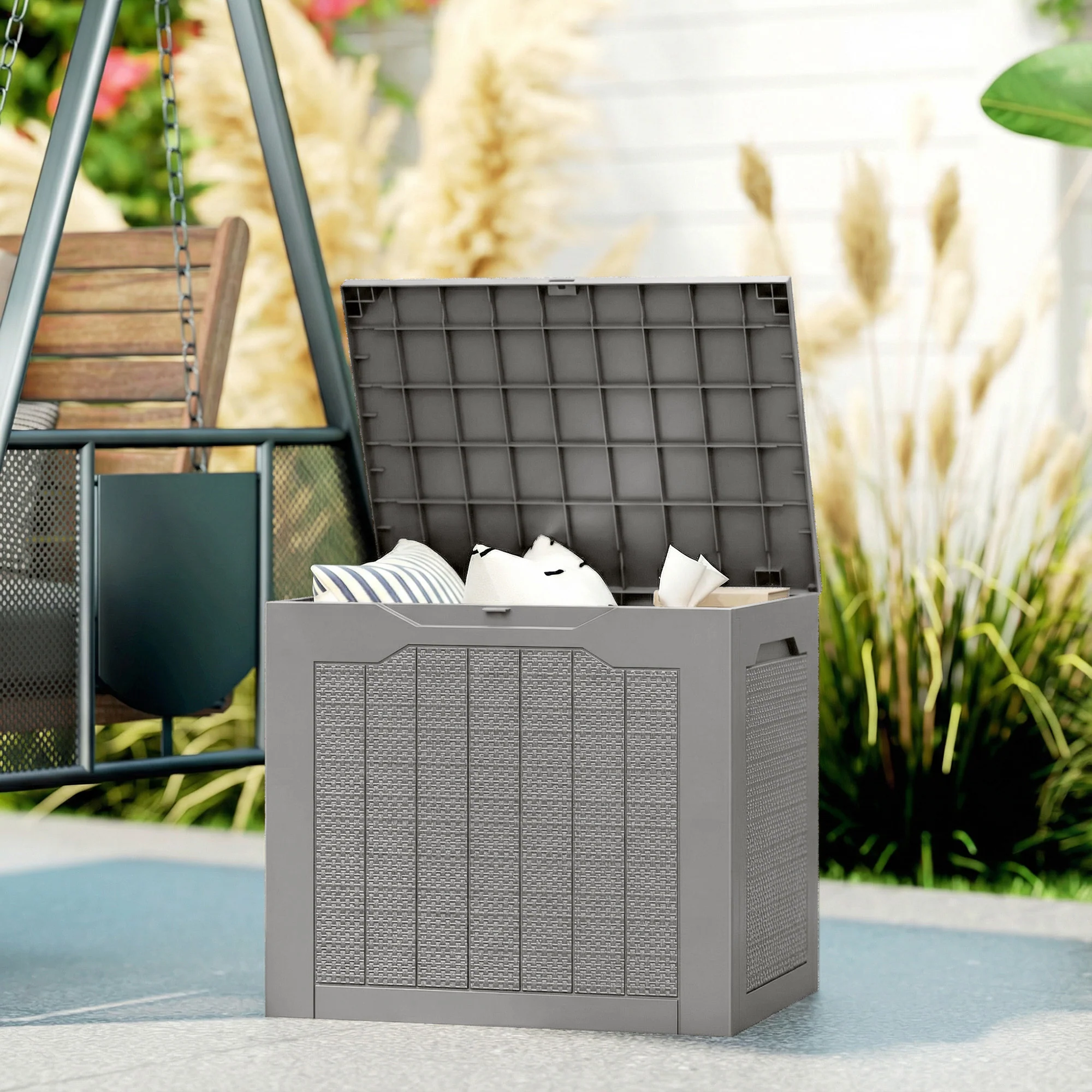 Outsunny 93L Plastic Garden Storage Box, Storage Container w/ Handles Khaki - Image 2