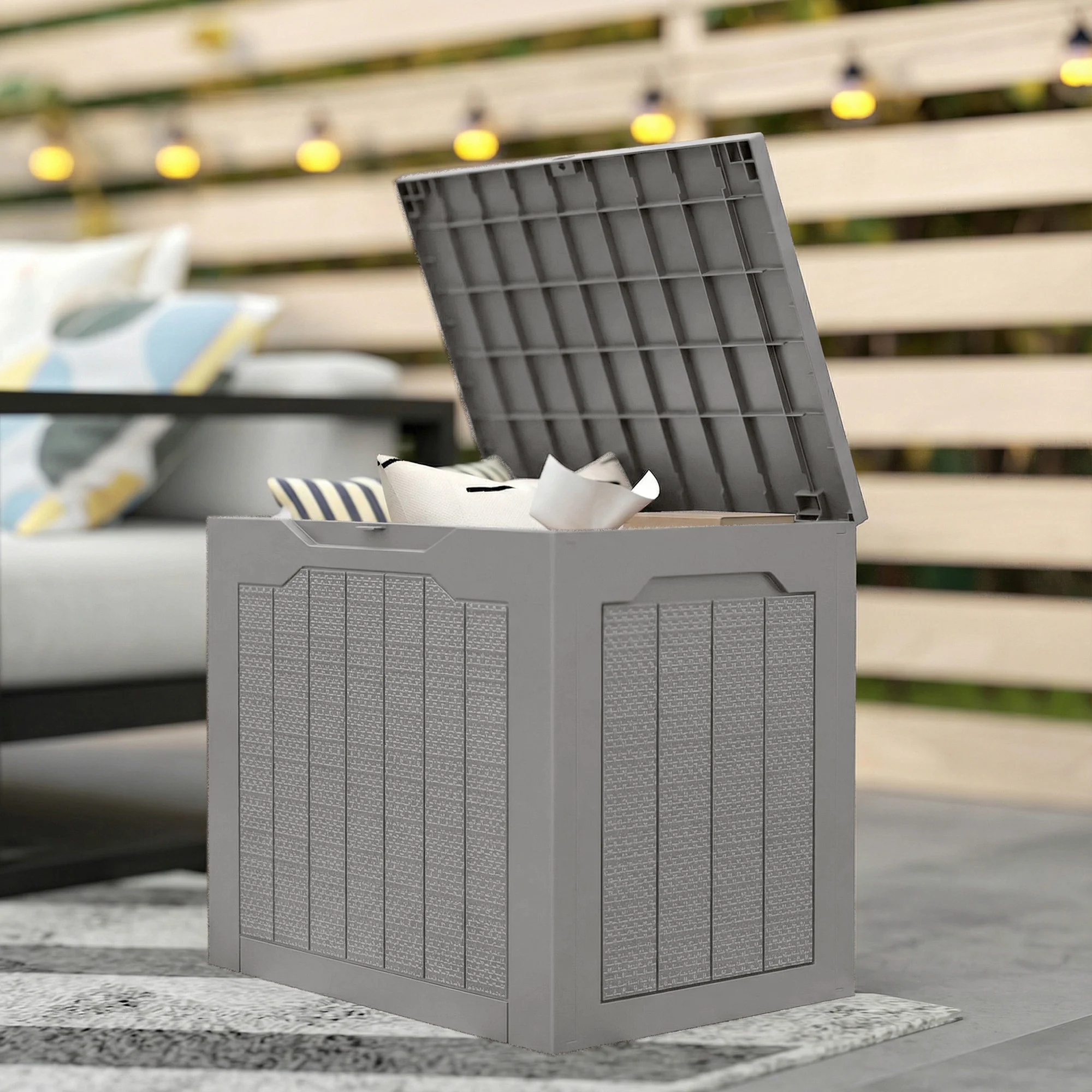 Outsunny 93L Plastic Garden Storage Box, Storage Container w/ Handles Khaki - Image 8