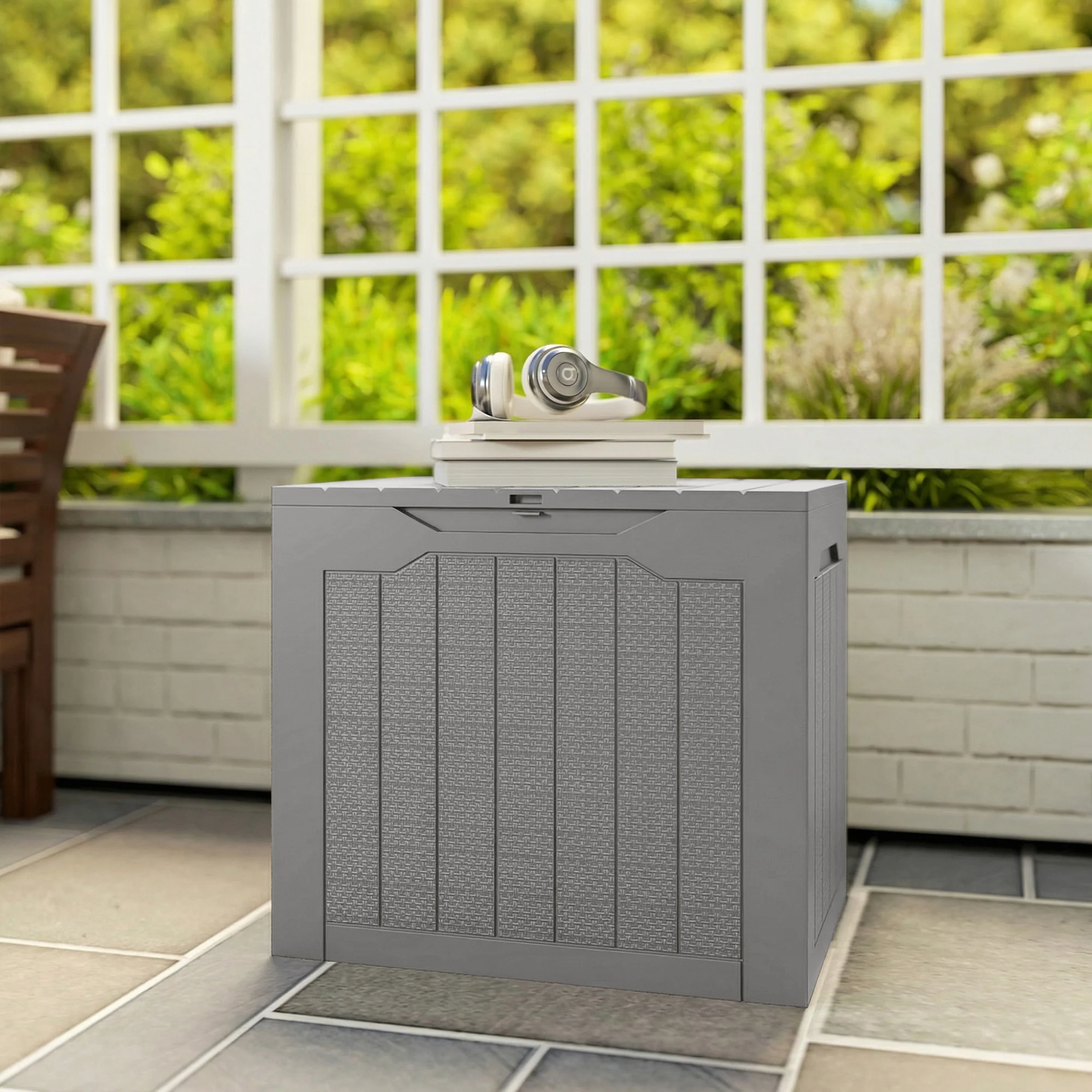 Outsunny 93L Plastic Garden Storage Box, Storage Container w/ Handles Khaki - Image 9
