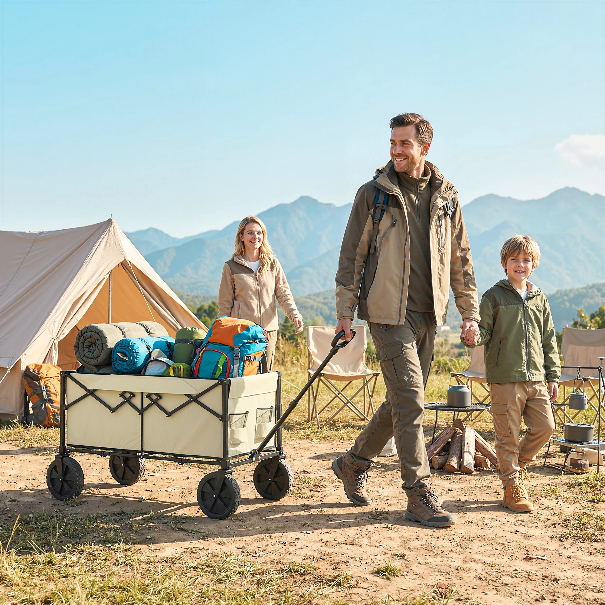 Outsunny 95L Foldable Festival Trolley On Wheels, Khaki - Image 2