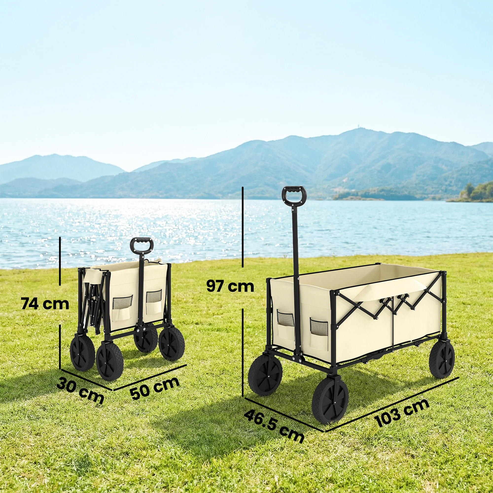 Outsunny 95L Foldable Festival Trolley On Wheels, Khaki - Image 3