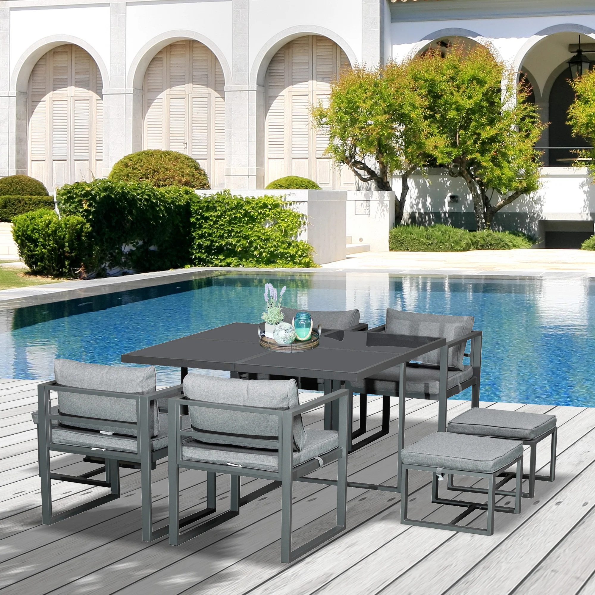 Outsunny 9PCs Patio Dining Sets 4 Chairs 4 Ottoman Cushioned Seating And Back - Image 2