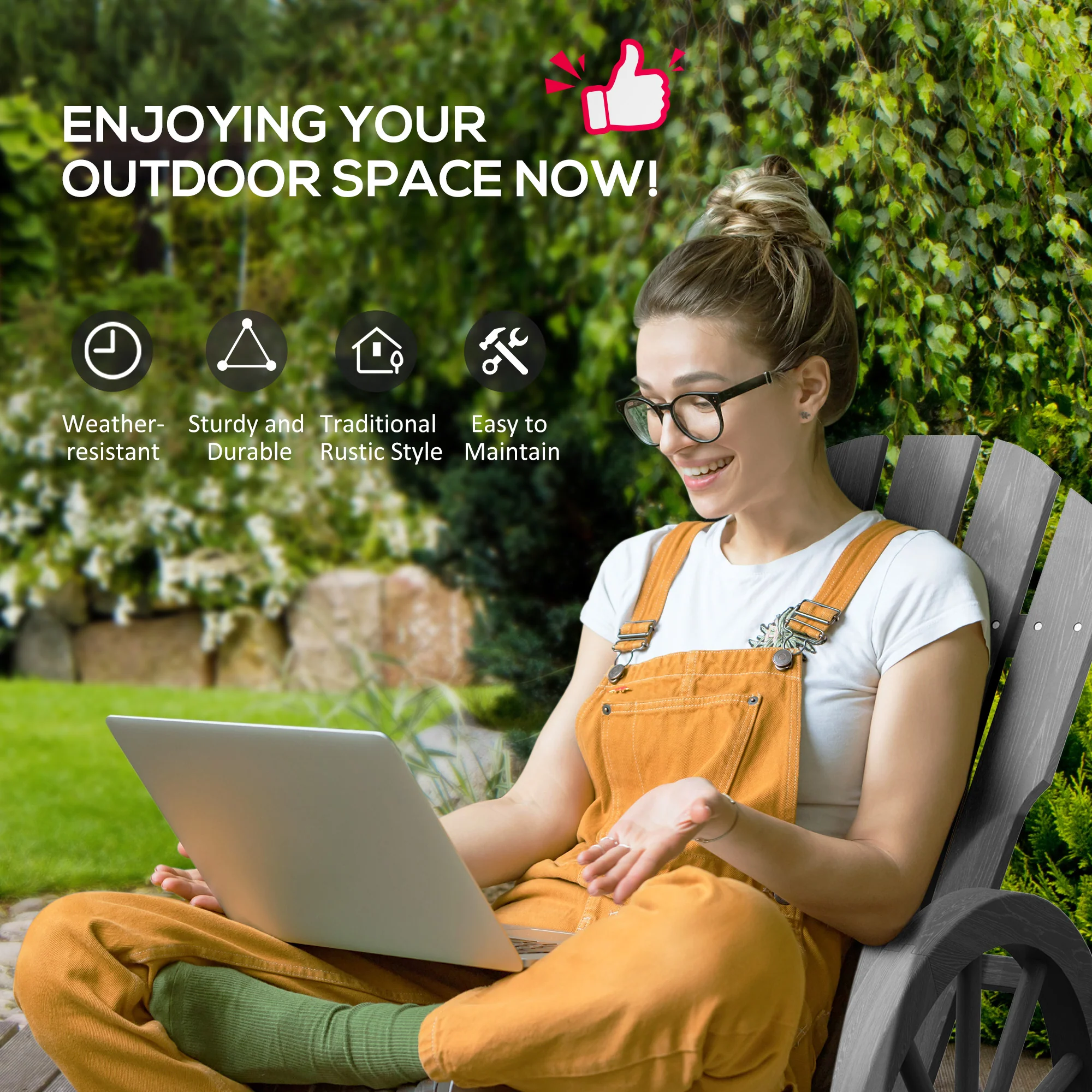 Outsunny Adirondack Rocking Chair Porch Poolside Garden Lounging Grey - Image 4