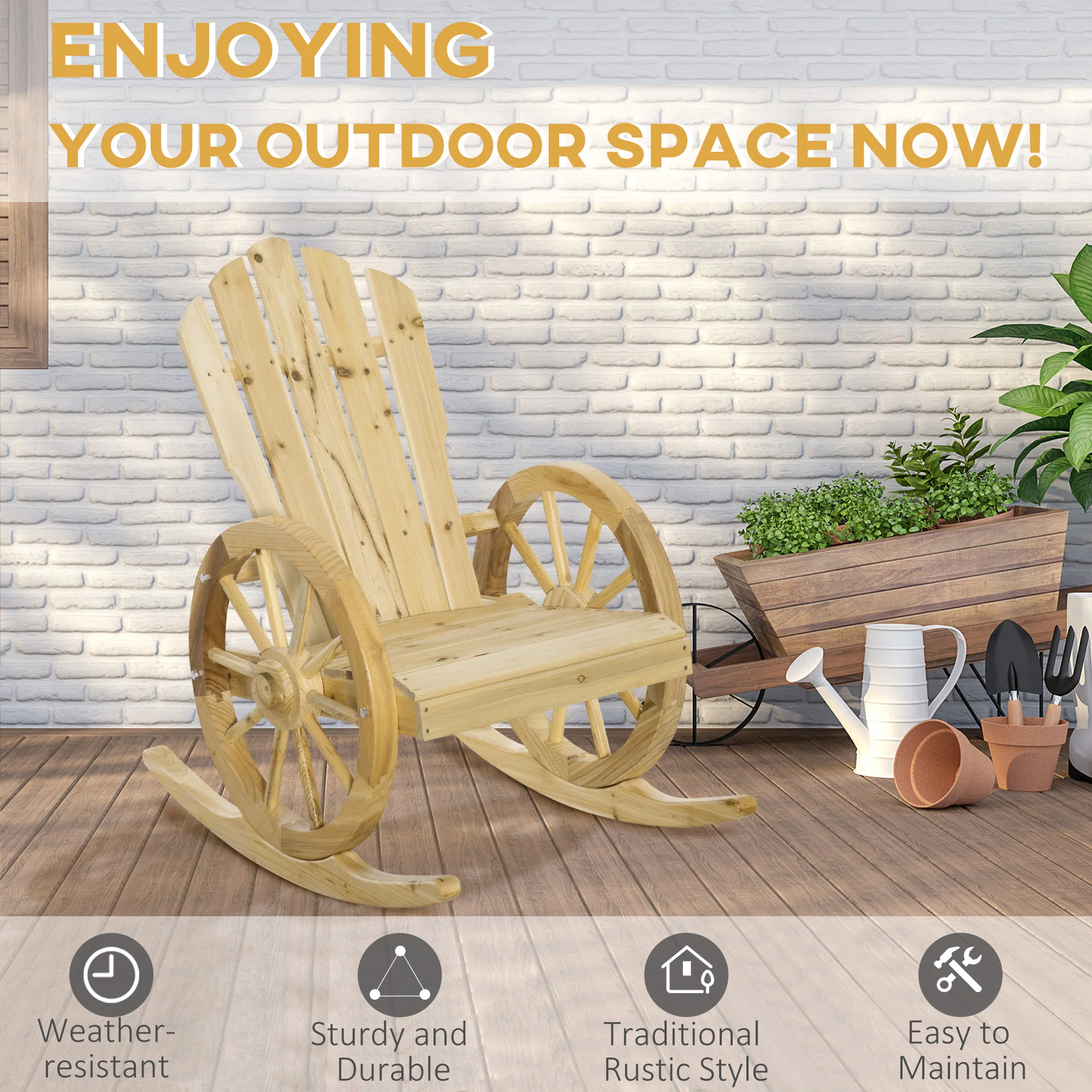 Outsunny Adirondack Rocking Chair Porch Poolside Garden Lounging Natural - Image 4