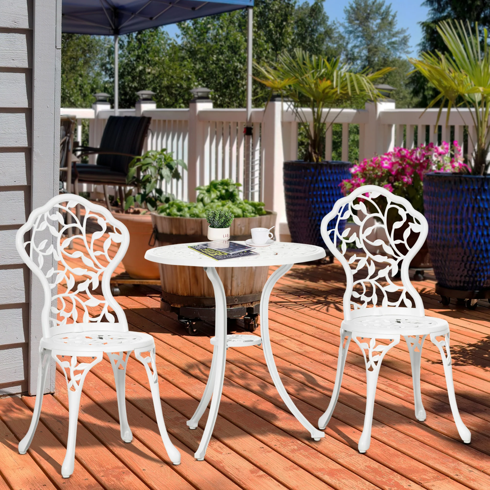 Outsunny Aluminium Bistro Set Garden Coffee Table Chair Outdoor Dining Set White - Image 2