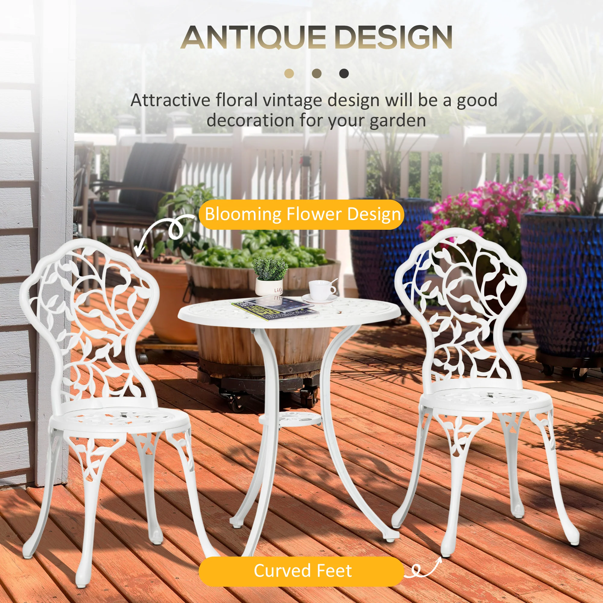 Outsunny Aluminium Bistro Set Garden Coffee Table Chair Outdoor Dining Set White - Image 3