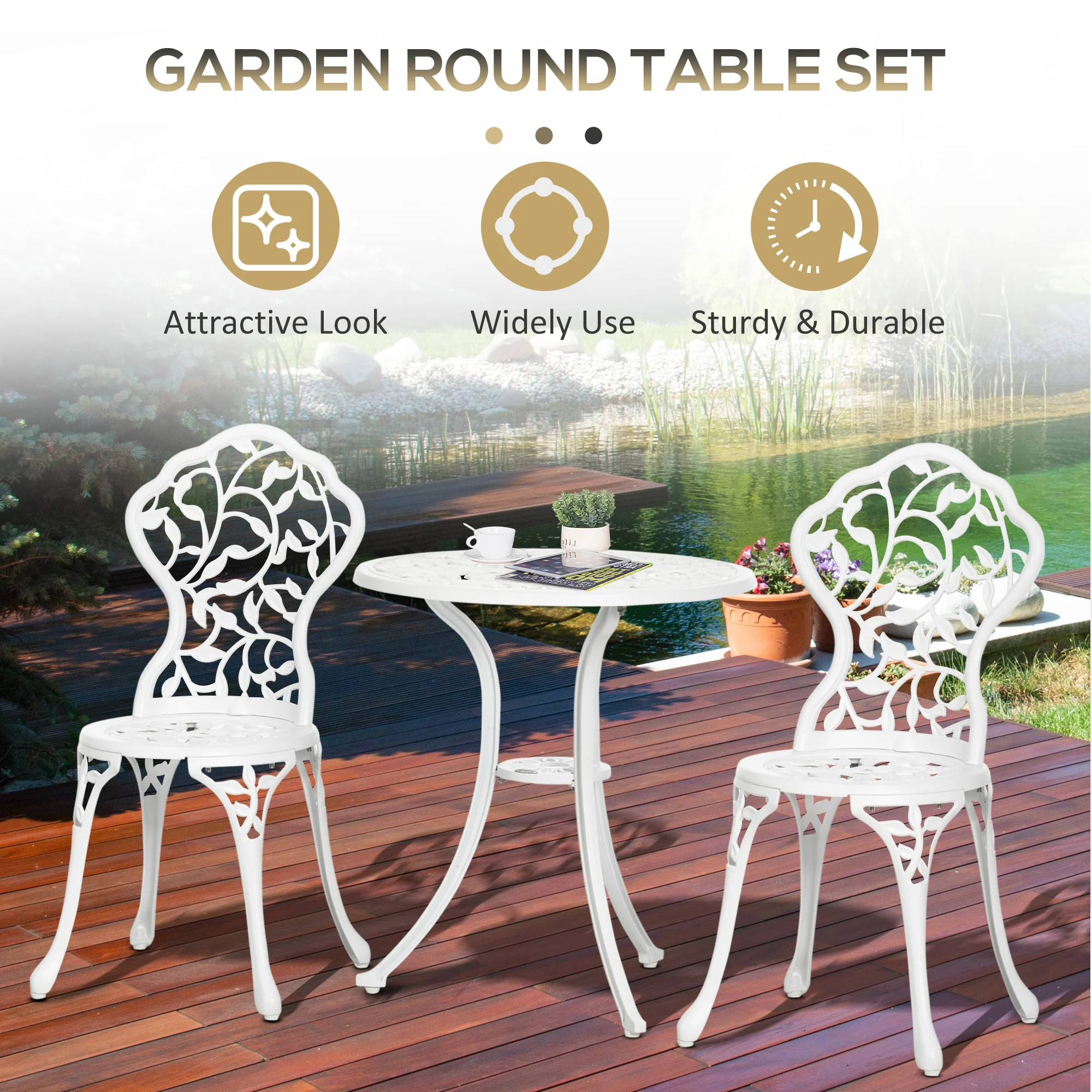 Outsunny Aluminium Bistro Set Garden Coffee Table Chair Outdoor Dining Set White - Image 4