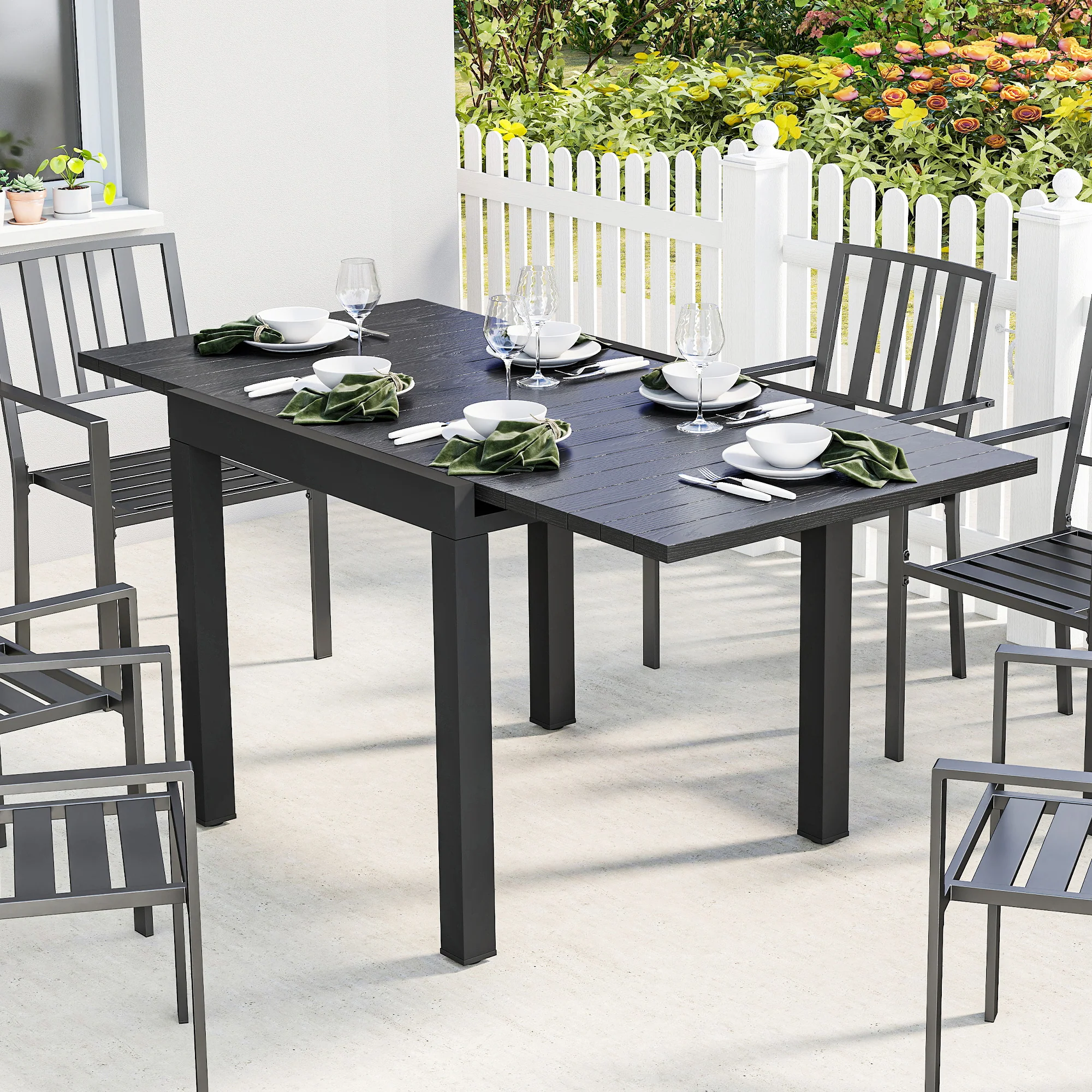 Outsunny Aluminium Extending Garden Table With Faux Wood Slatted Top, Black - Image 2