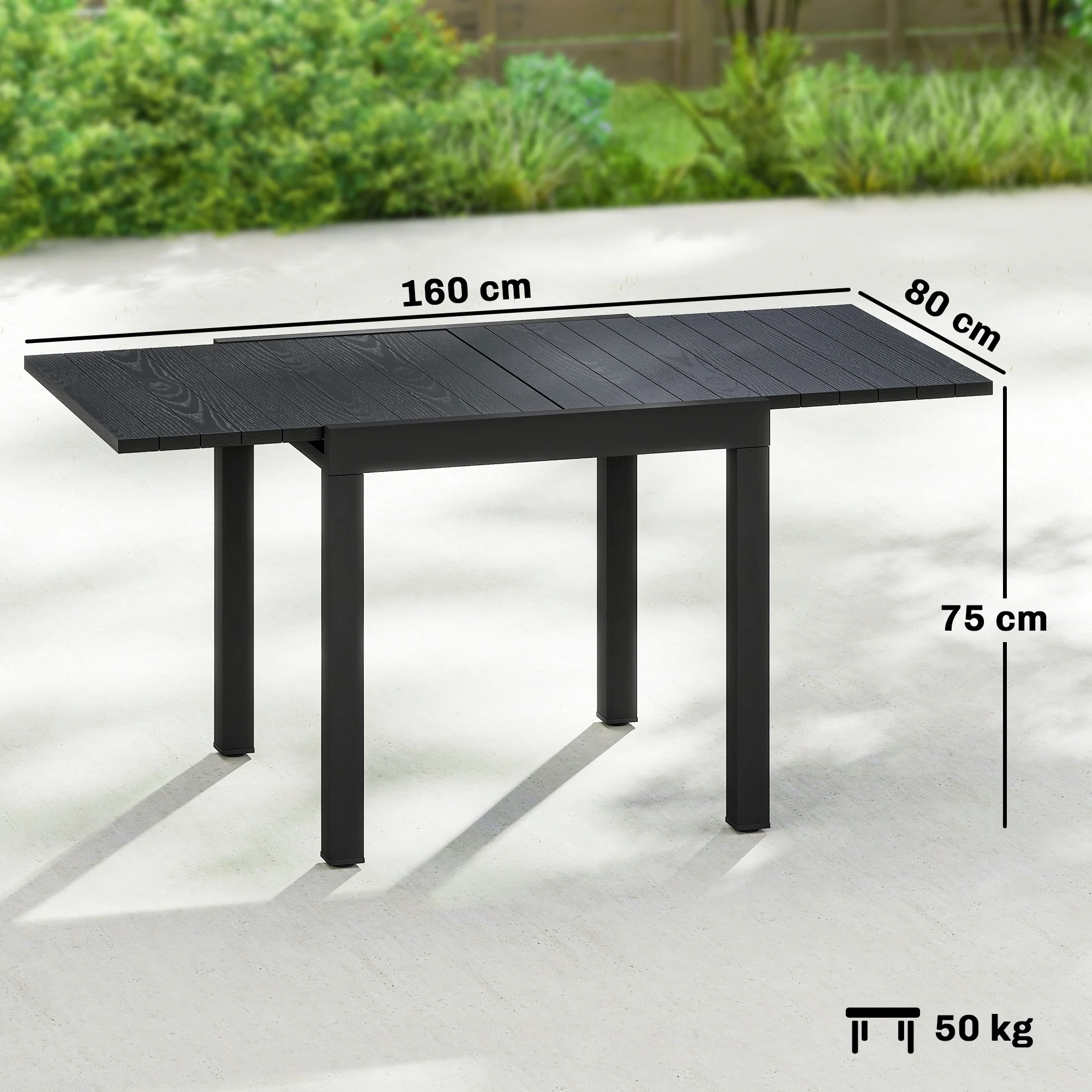 Outsunny Aluminium Extending Garden Table With Faux Wood Slatted Top, Black - Image 3
