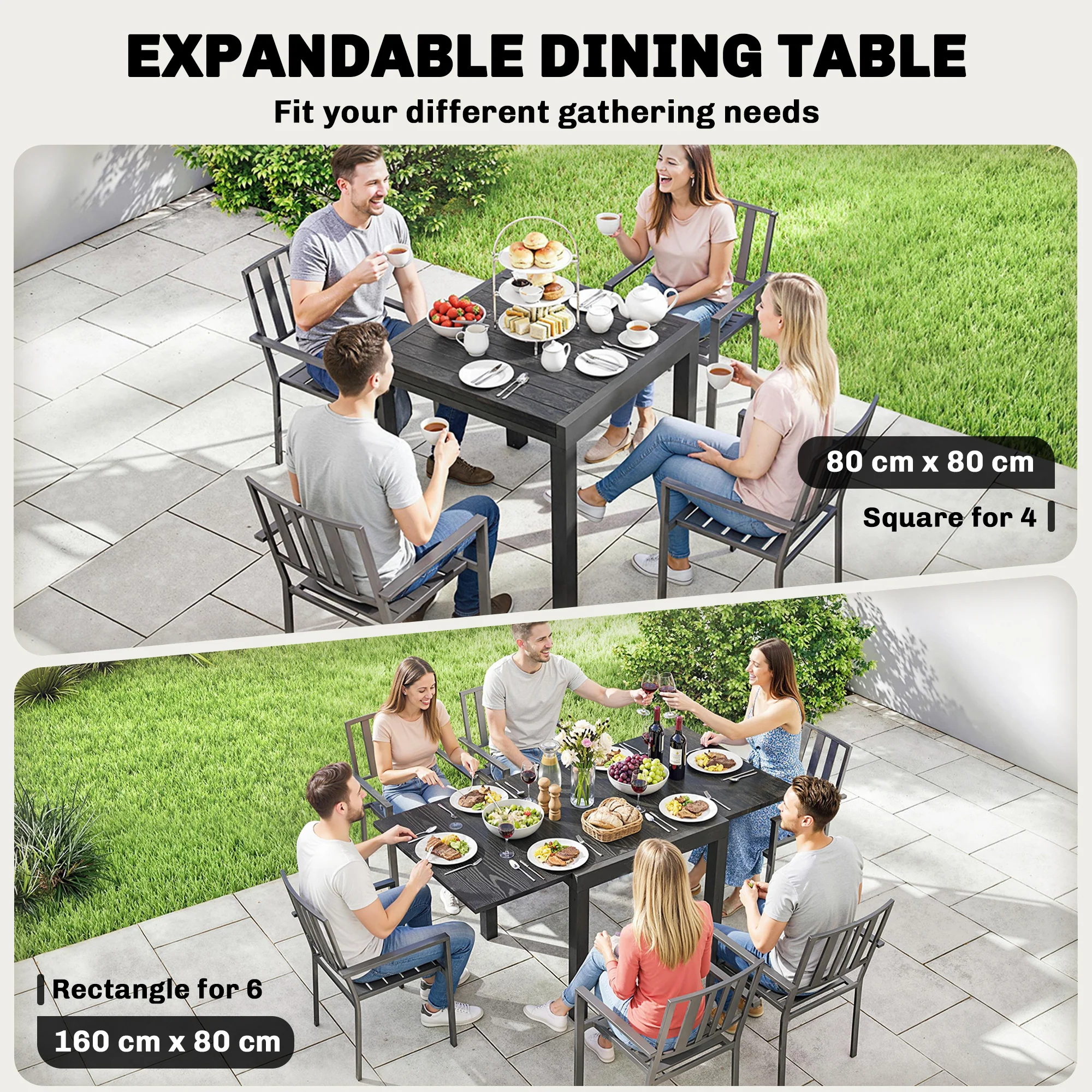 Outsunny Aluminium Extending Garden Table With Faux Wood Slatted Top, Black - Image 4