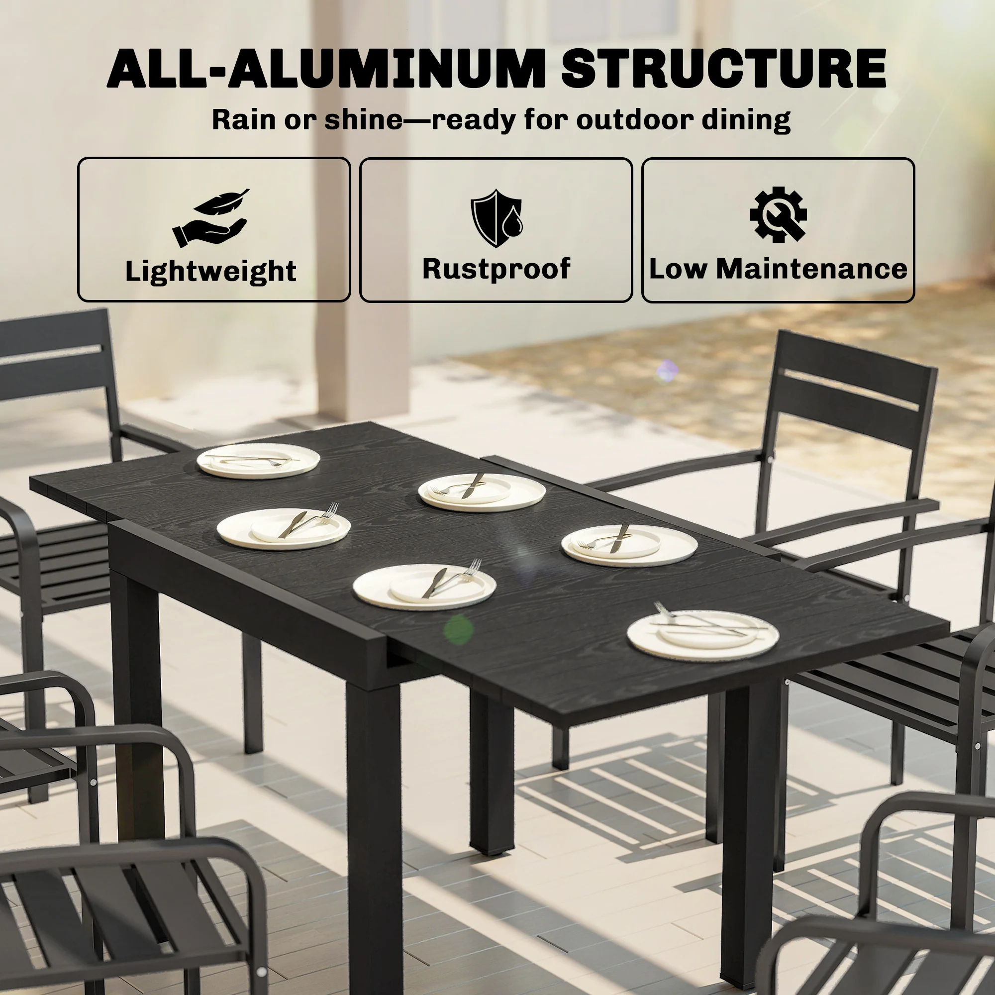 Outsunny Aluminium Extending Garden Table With Faux Wood Slatted Top, Black - Image 5