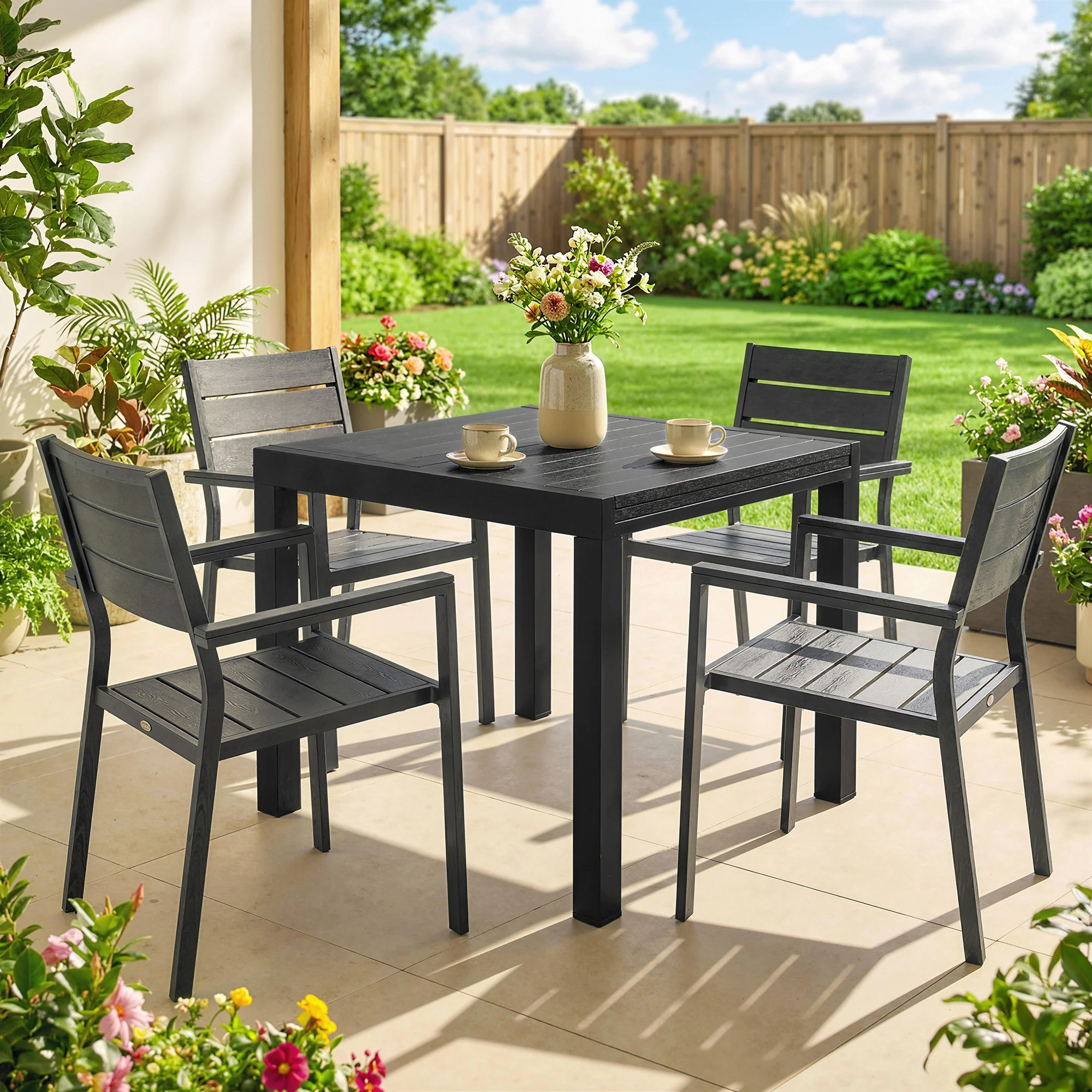 Outsunny Aluminium Extending Garden Table With Faux Wood Slatted Top, Black - Image 8