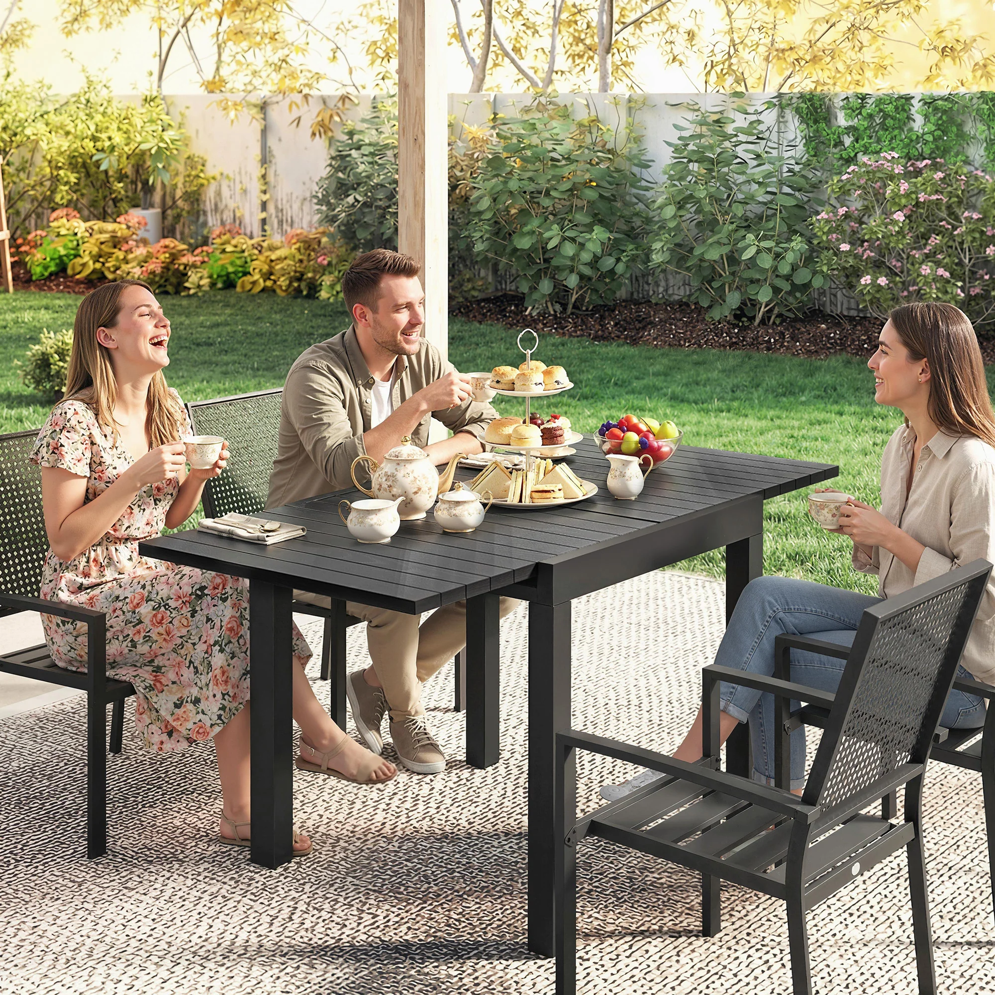 Outsunny Aluminium Extending Garden Table With Faux Wood Slatted Top, Black - Image 9