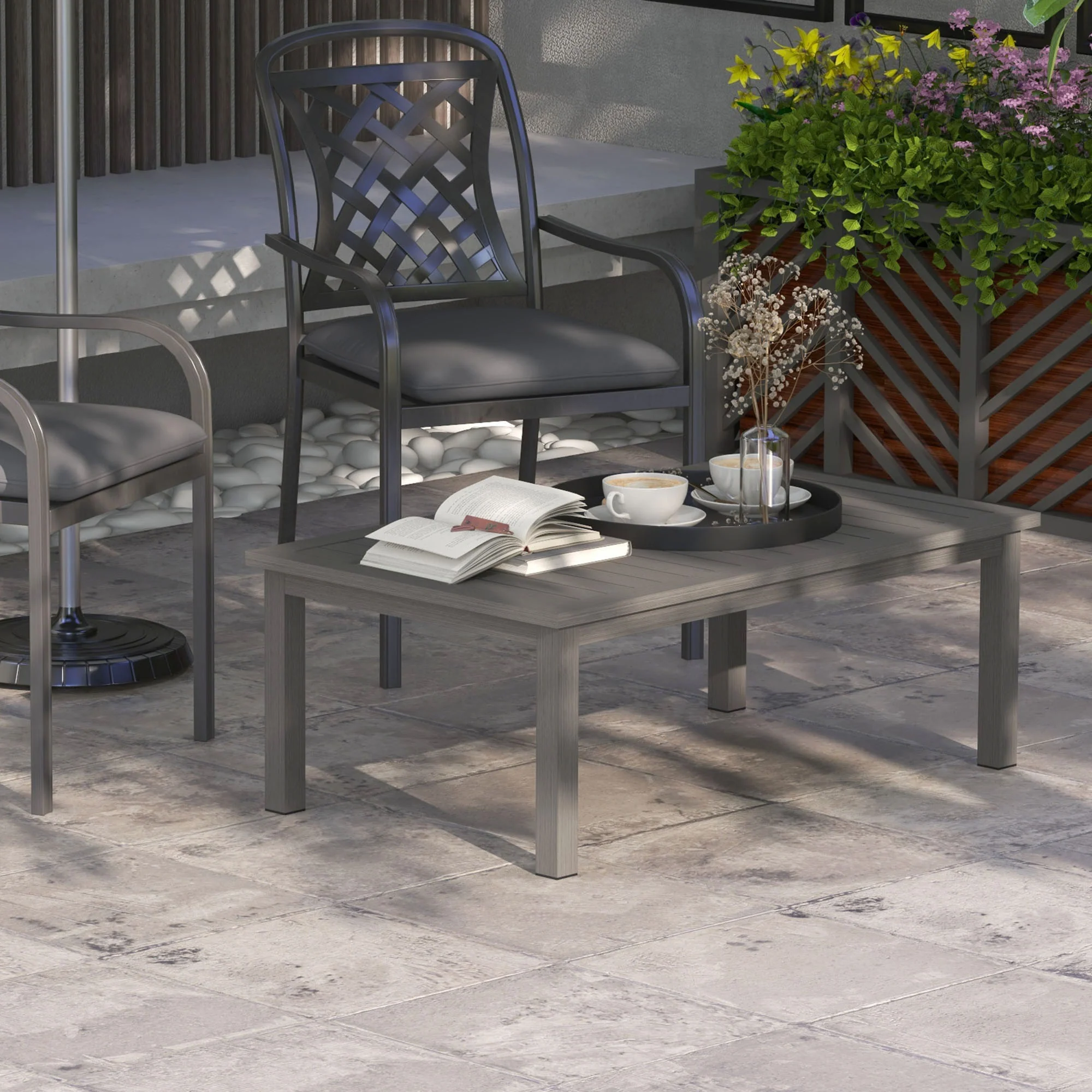 Outsunny Aluminium Outdoor Coffee Table Patio Table w/ Brown Wood Grain Effect - Image 2