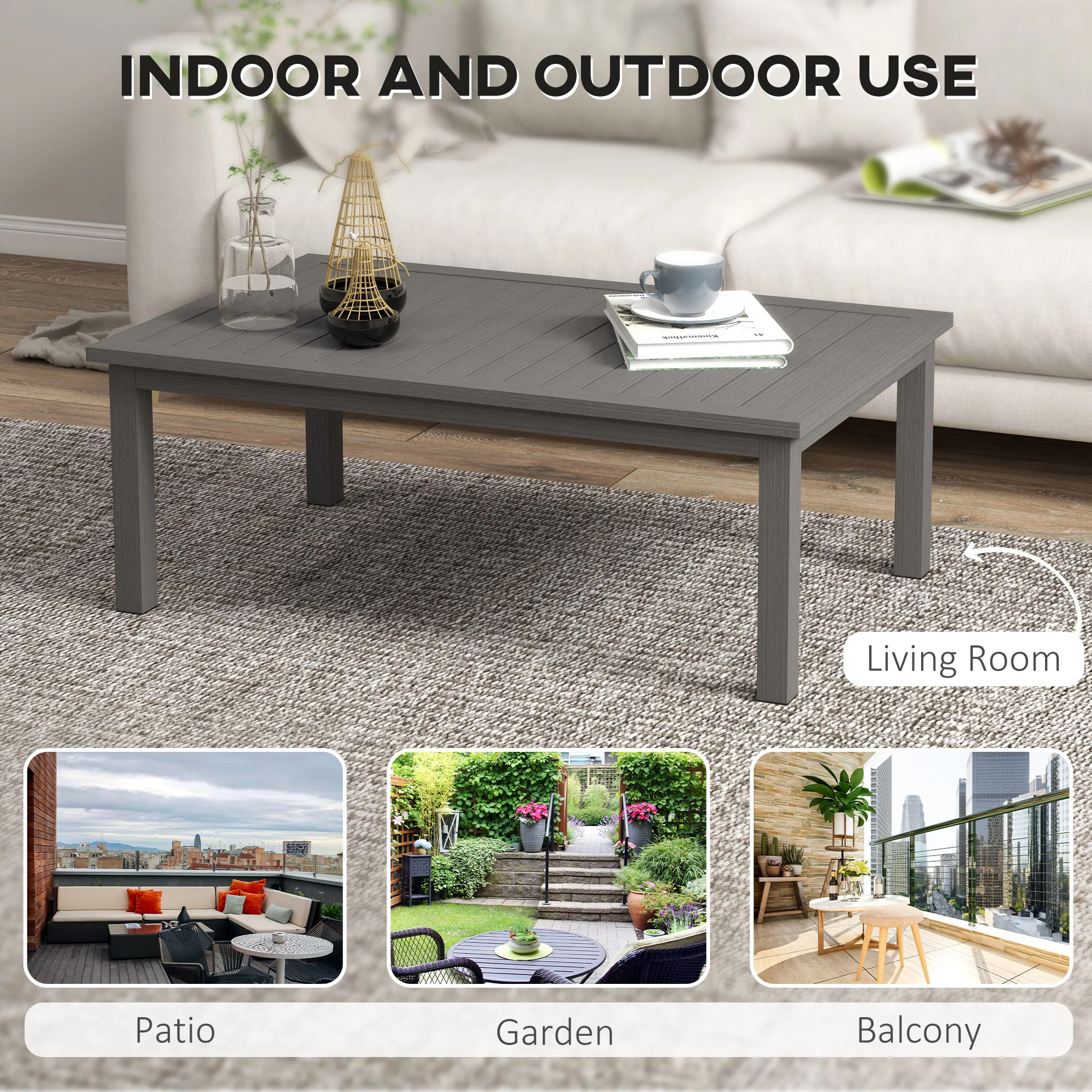 Outsunny Aluminium Outdoor Coffee Table Patio Table w/ Brown Wood Grain Effect - Image 6
