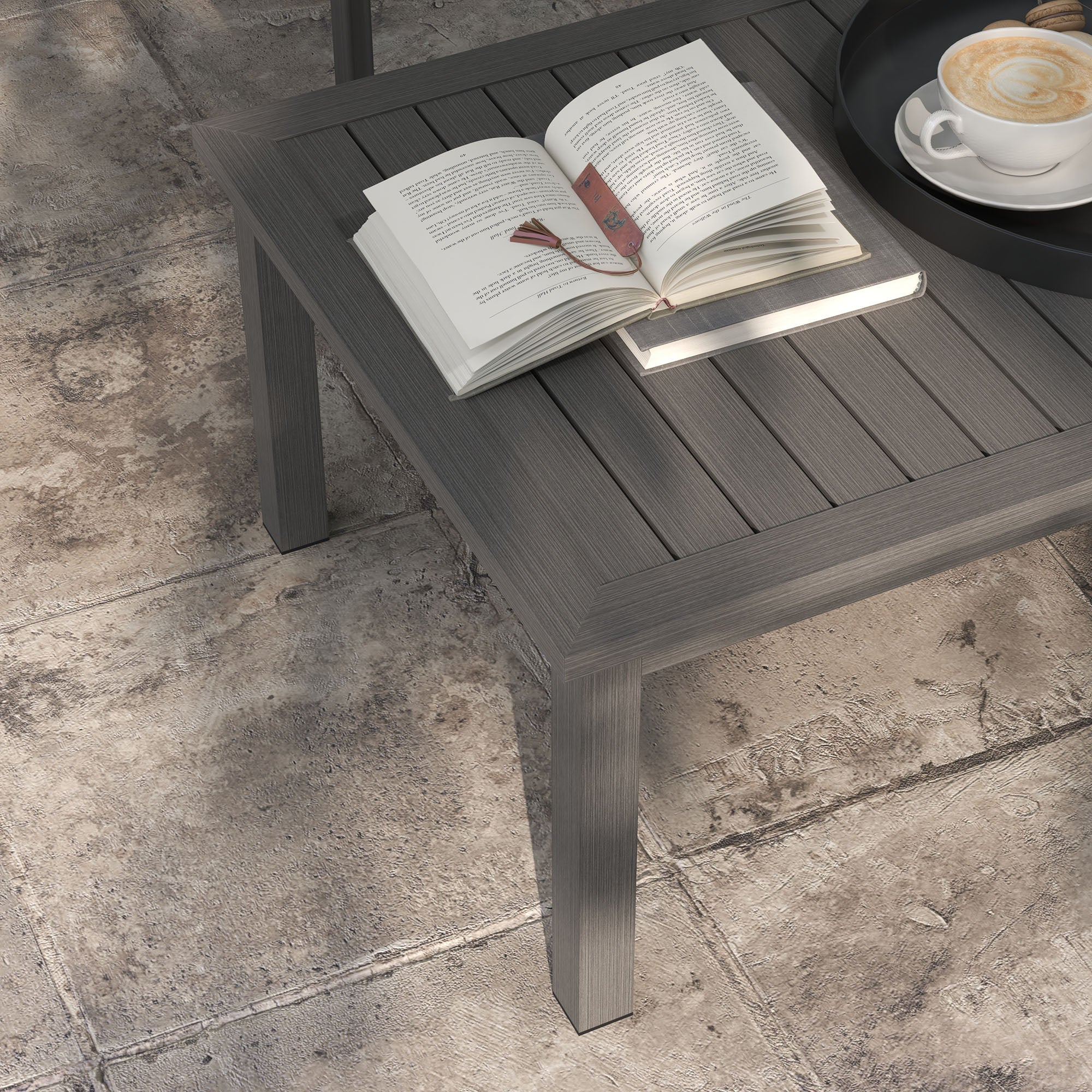 Outsunny Aluminium Outdoor Coffee Table Patio Table w/ Brown Wood Grain Effect - Image 7