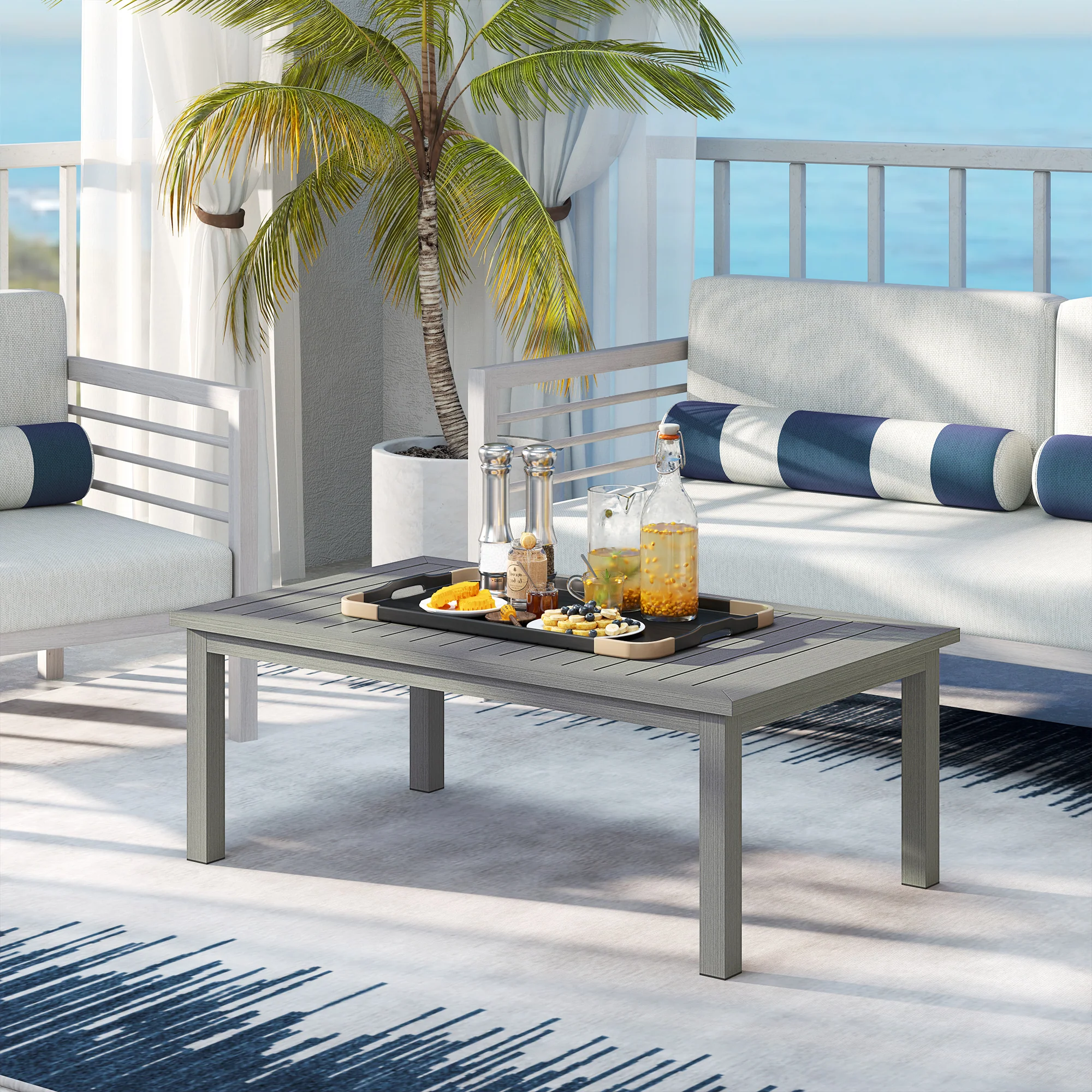 Outsunny Aluminium Outdoor Coffee Table Patio Table w/ Grey Wood Grain Effect - Image 2