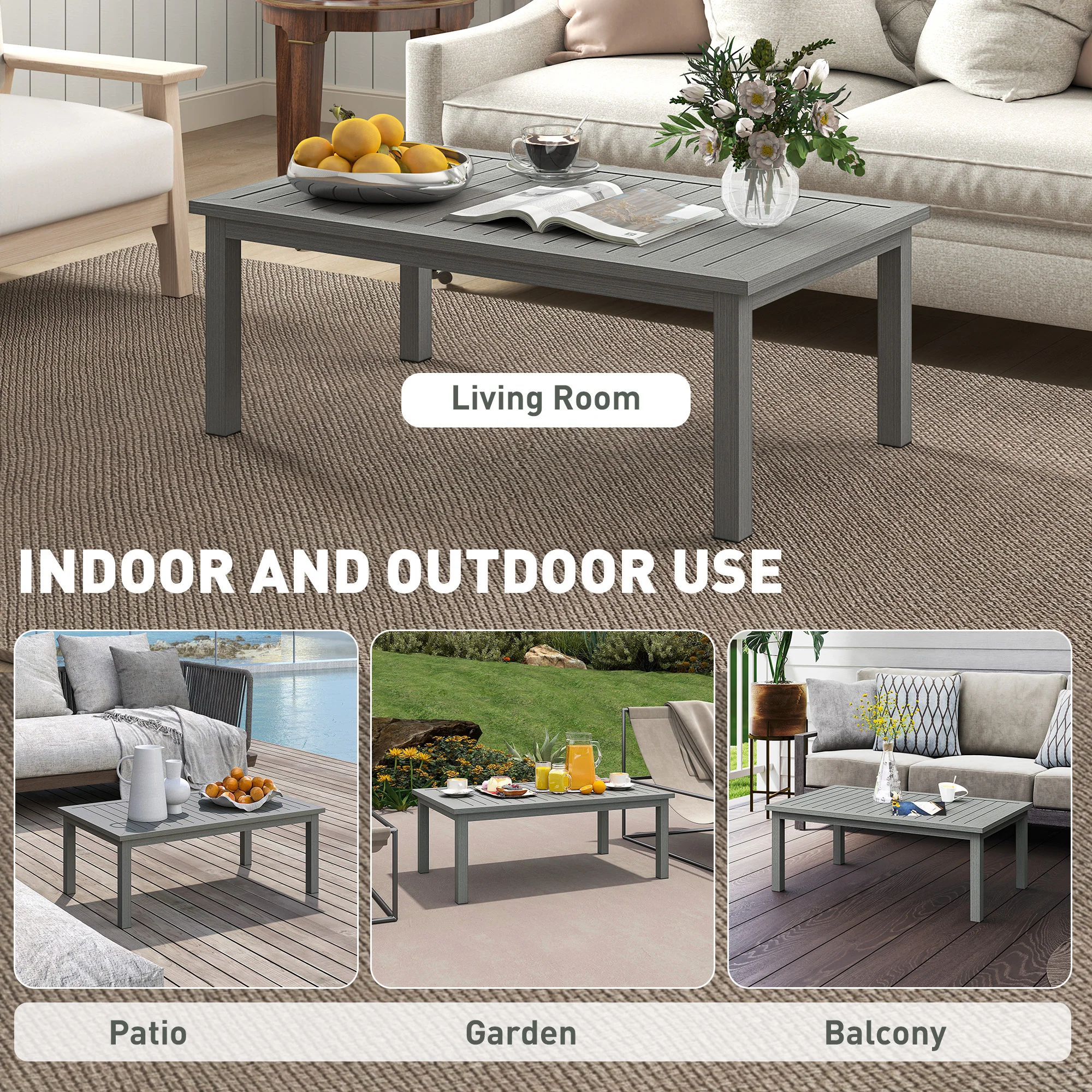 Outsunny Aluminium Outdoor Coffee Table Patio Table w/ Grey Wood Grain Effect - Image 4