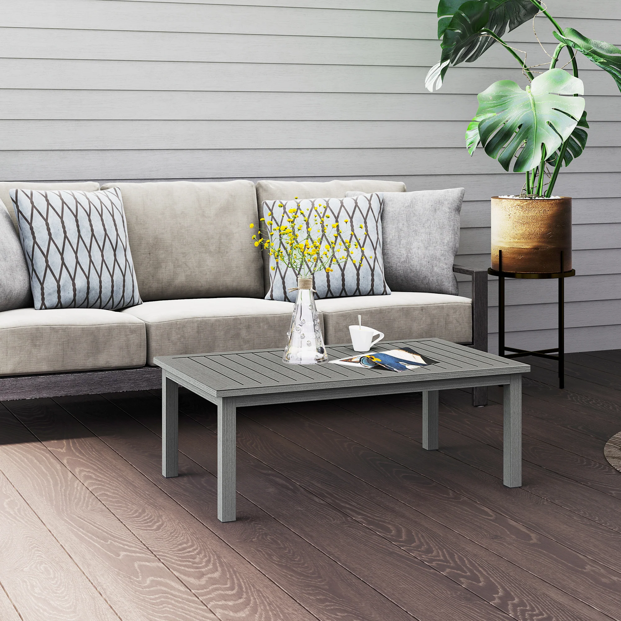 Outsunny Aluminium Outdoor Coffee Table Patio Table w/ Grey Wood Grain Effect - Image 8
