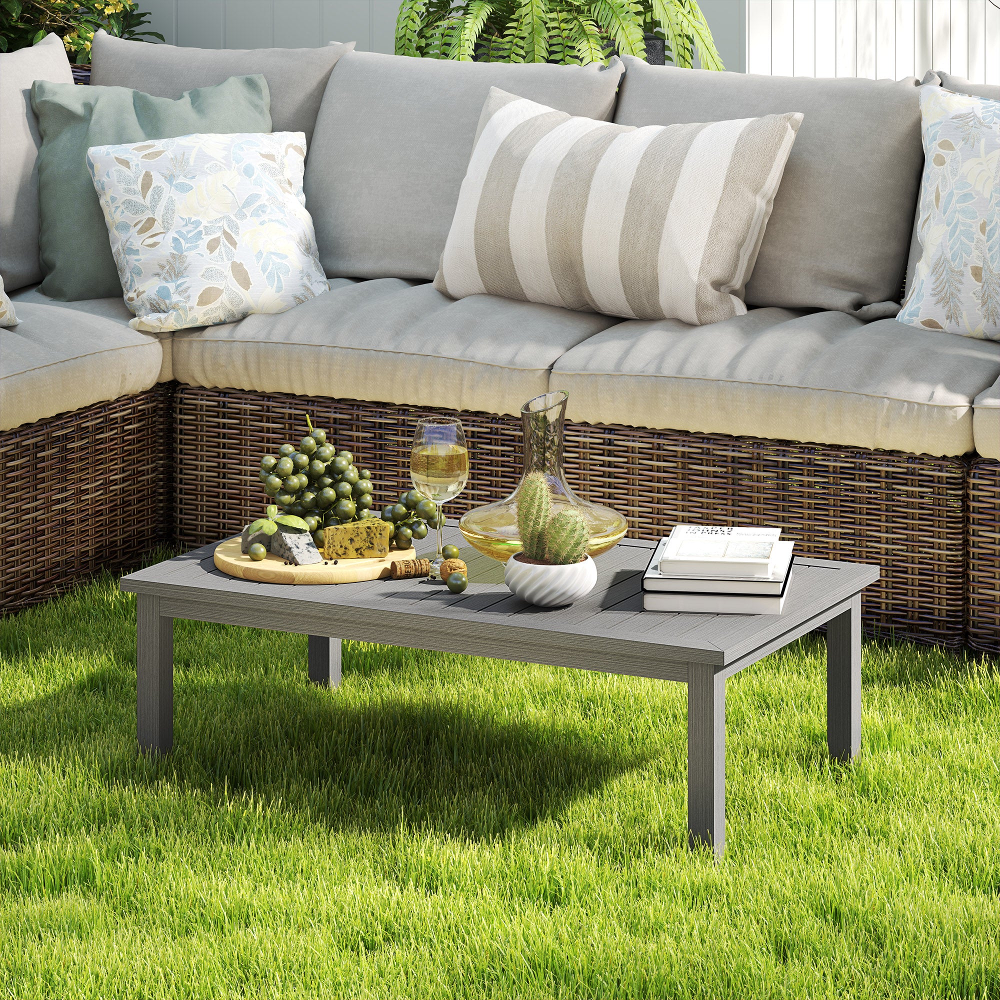 Outsunny Aluminium Outdoor Coffee Table Patio Table w/ Grey Wood Grain Effect - Image 9