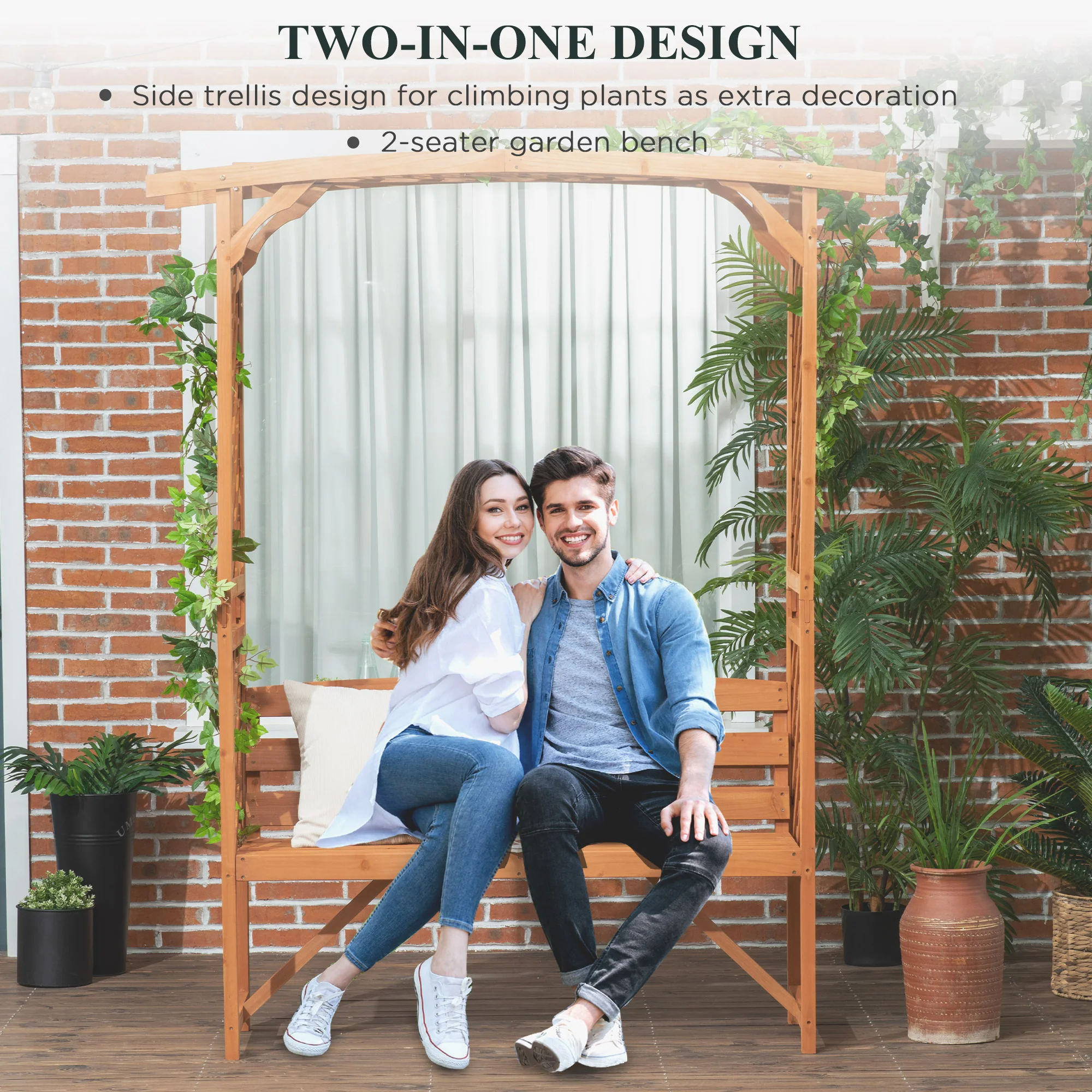 Outsunny Arch Pergola Garden Bench, Wooden Garden Arbour with Seat, Brown - Image 3