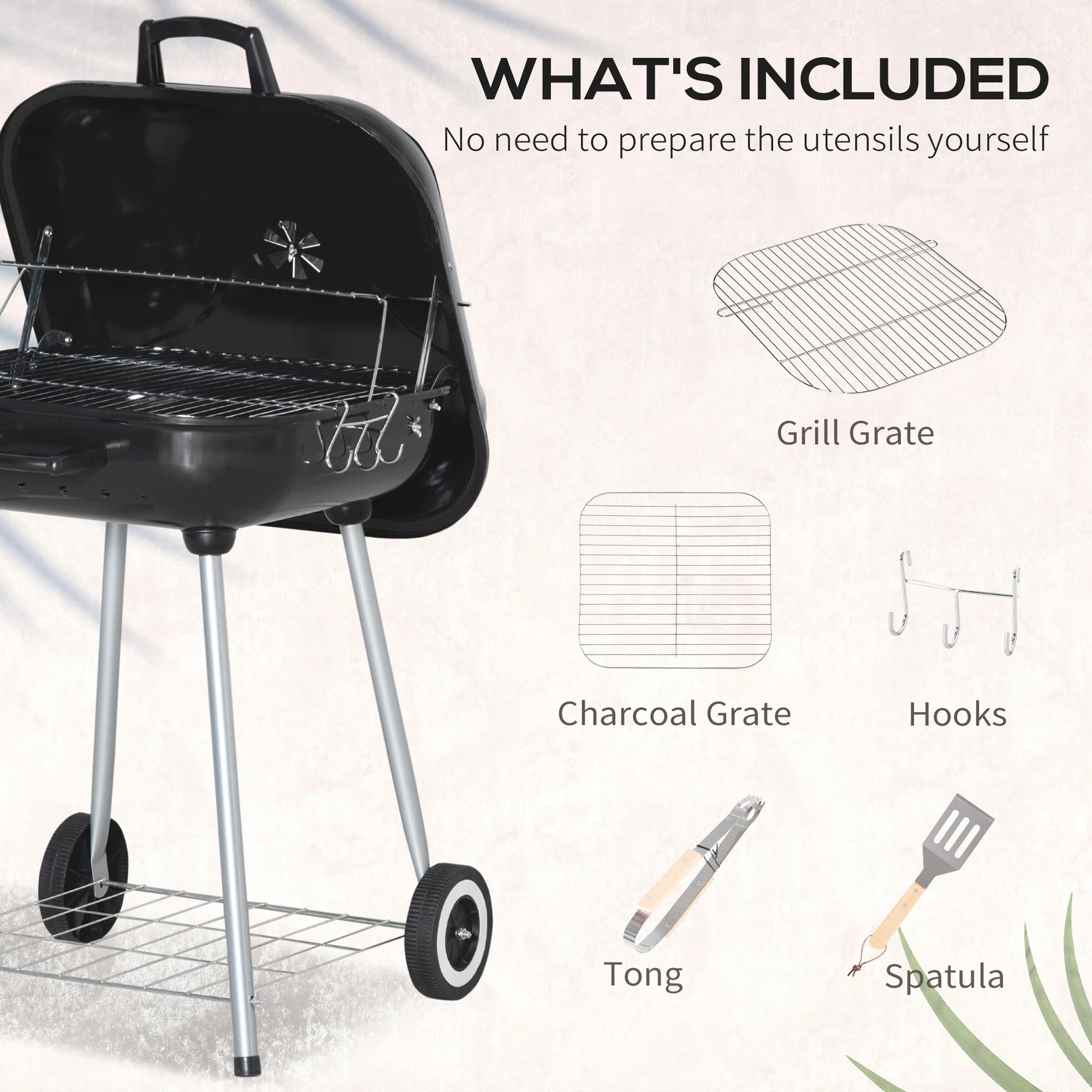 Outsunny BBQ Charcoal Smoker Grill Trolley With 2 Wheels And Grilling Utensils - Image 7