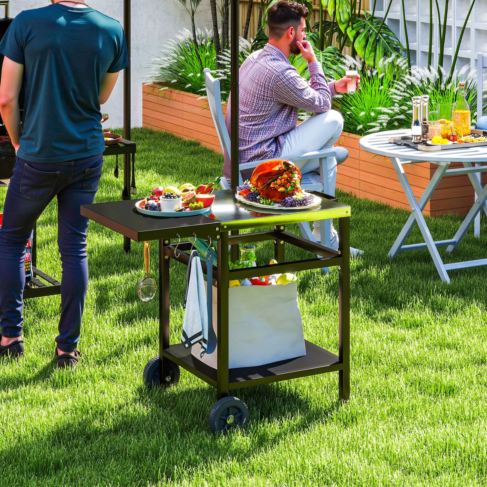 Outsunny BBQ Trolley with Foldable Side Table, Movable Pizza Table, Black - Image 2
