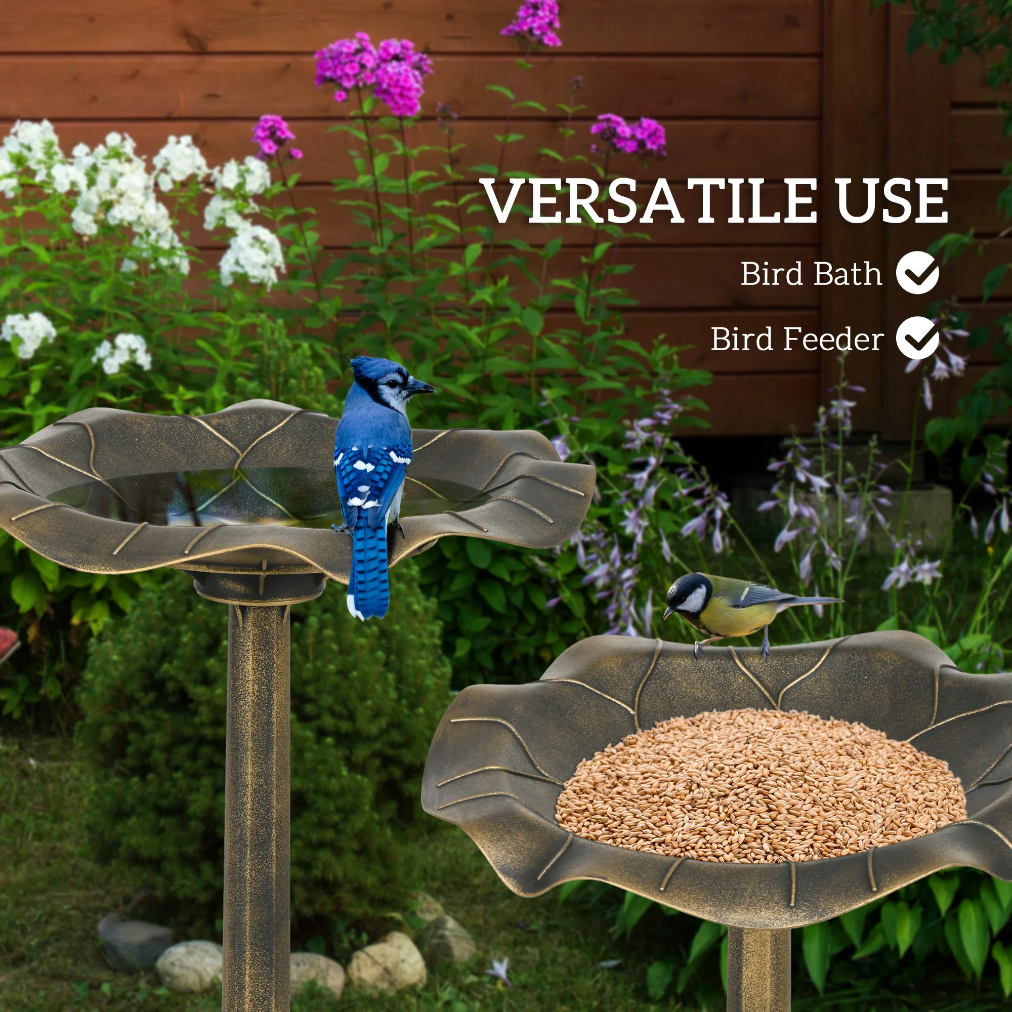 Outsunny Bird Bath For Garden, Birdbath With Lotus Leaf Basin, Bronze Tone - Image 3