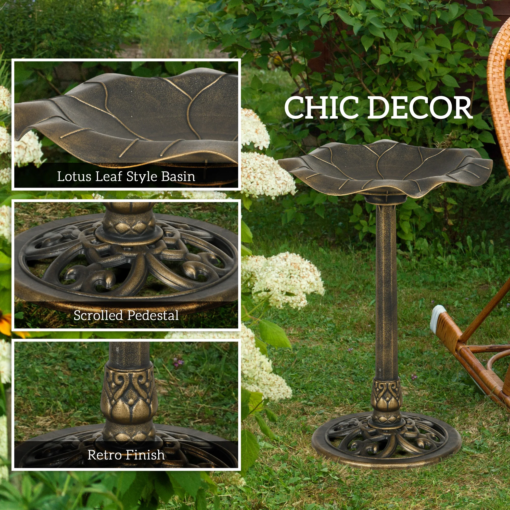 Outsunny Bird Bath For Garden, Birdbath With Lotus Leaf Basin, Bronze Tone - Image 4