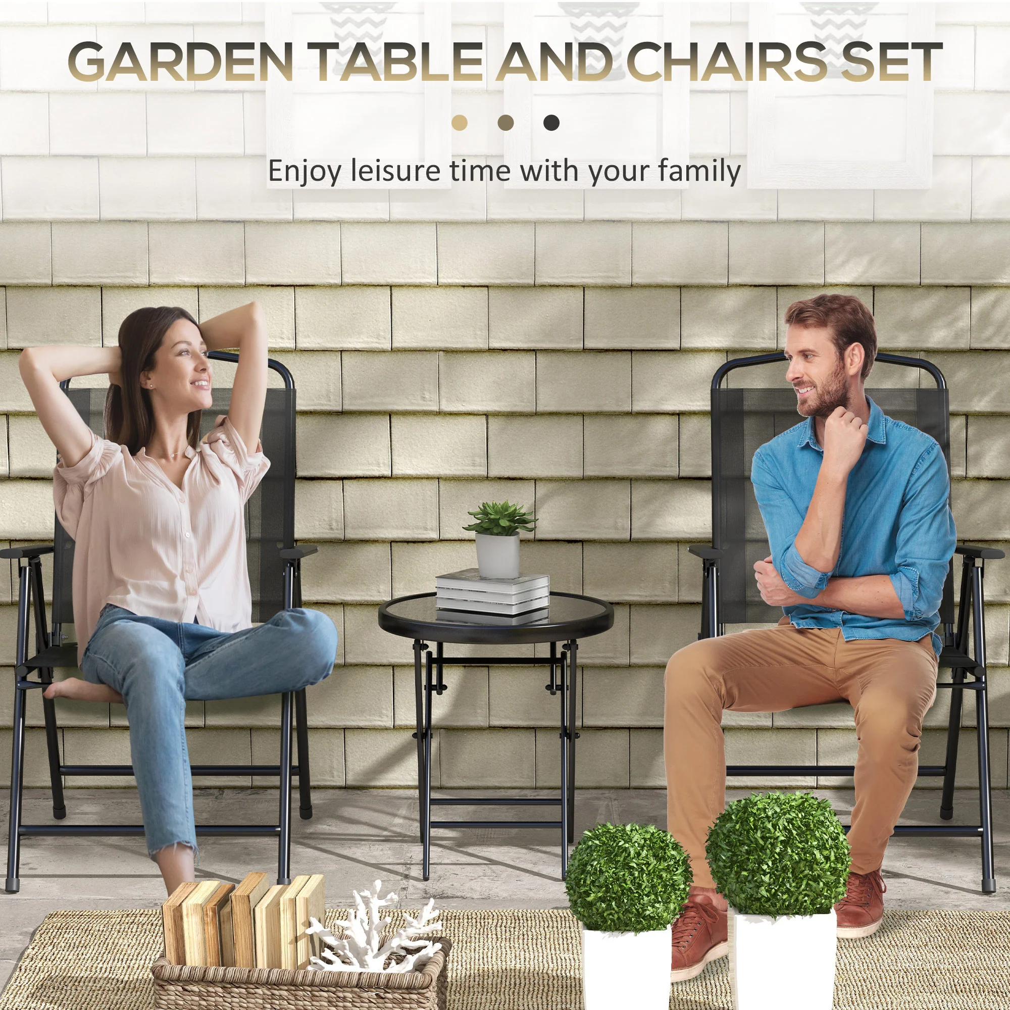 Outsunny Bistro Set Folding Chairs & Coffee Table For Balcony, Black - Image 3
