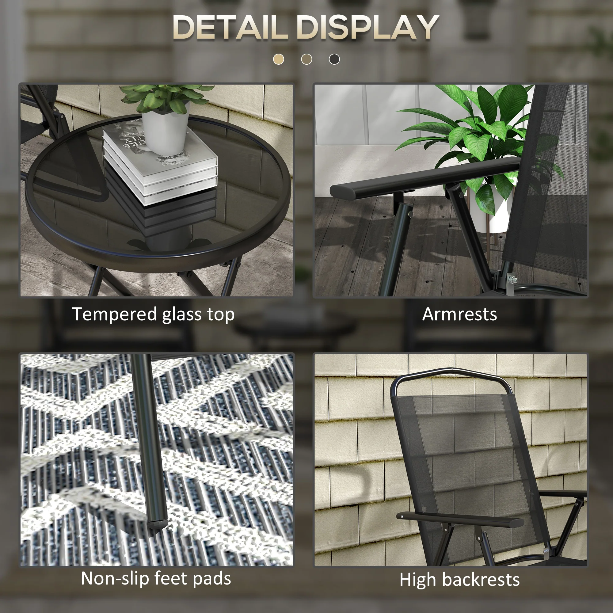 Outsunny Bistro Set Folding Chairs & Coffee Table For Balcony, Black - Image 7