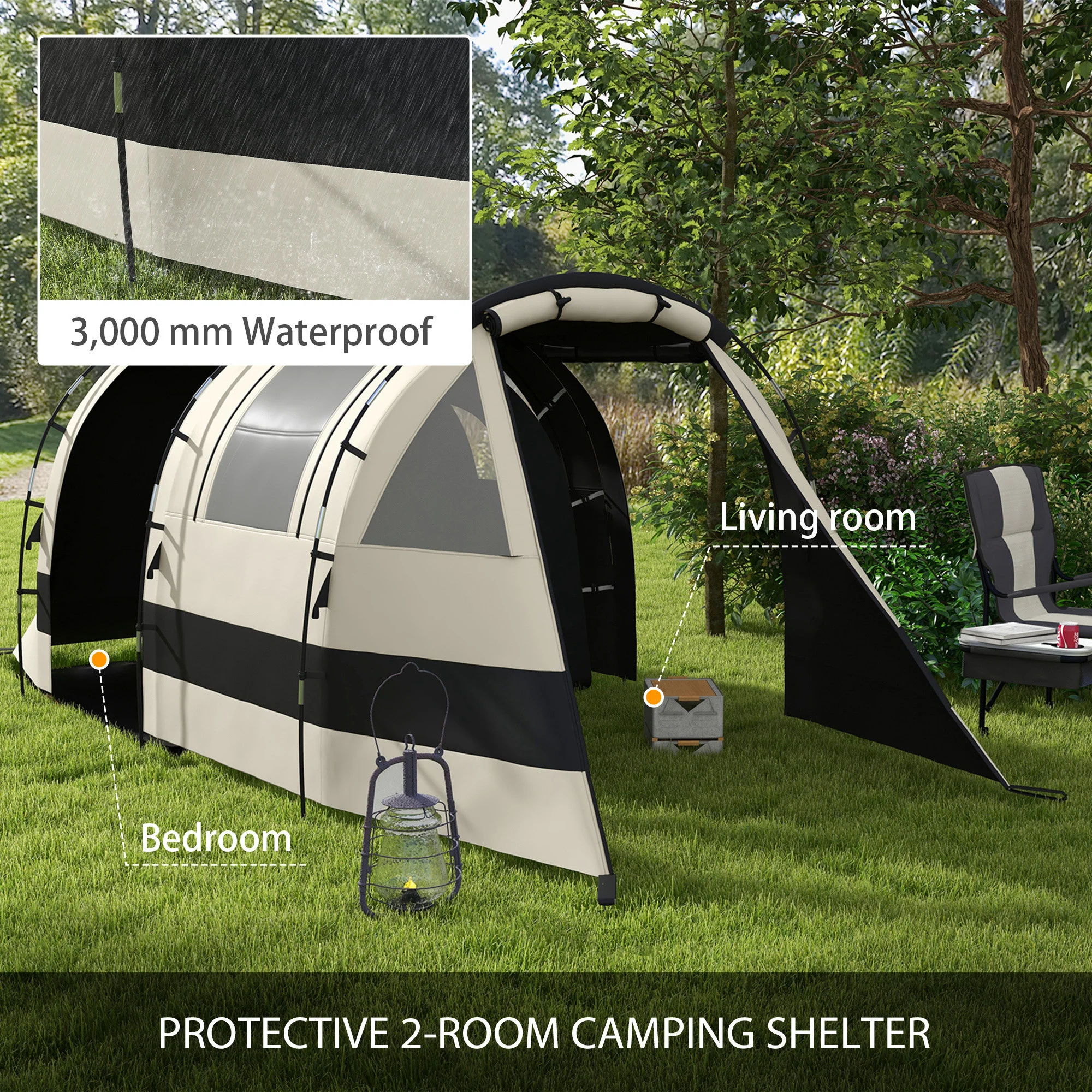 Outsunny Blackout Camping Tent with Bedroom & Living Room for 4-5 Person, Khaki - Image 3